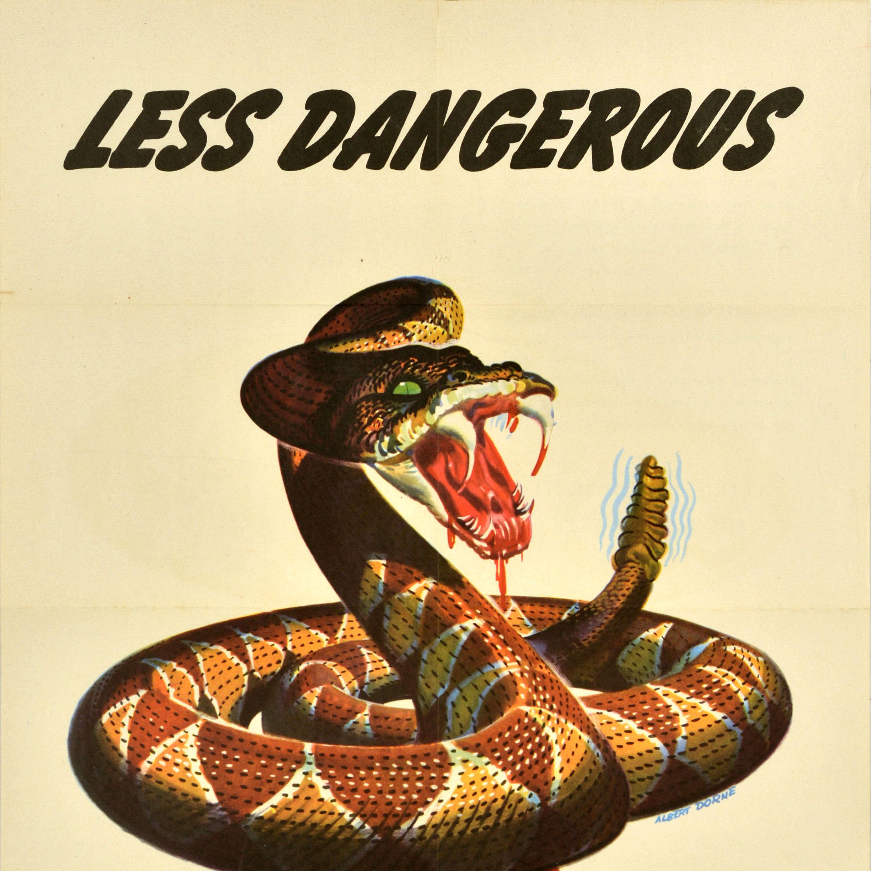 Original vintage World War Two propaganda poster - Less dangerous than careless talk Don't discuss Troop movements Ship sailings War equipment - featuring a great illustration of a rattlesnake with green eyes and blood dripping from the sharp fangs