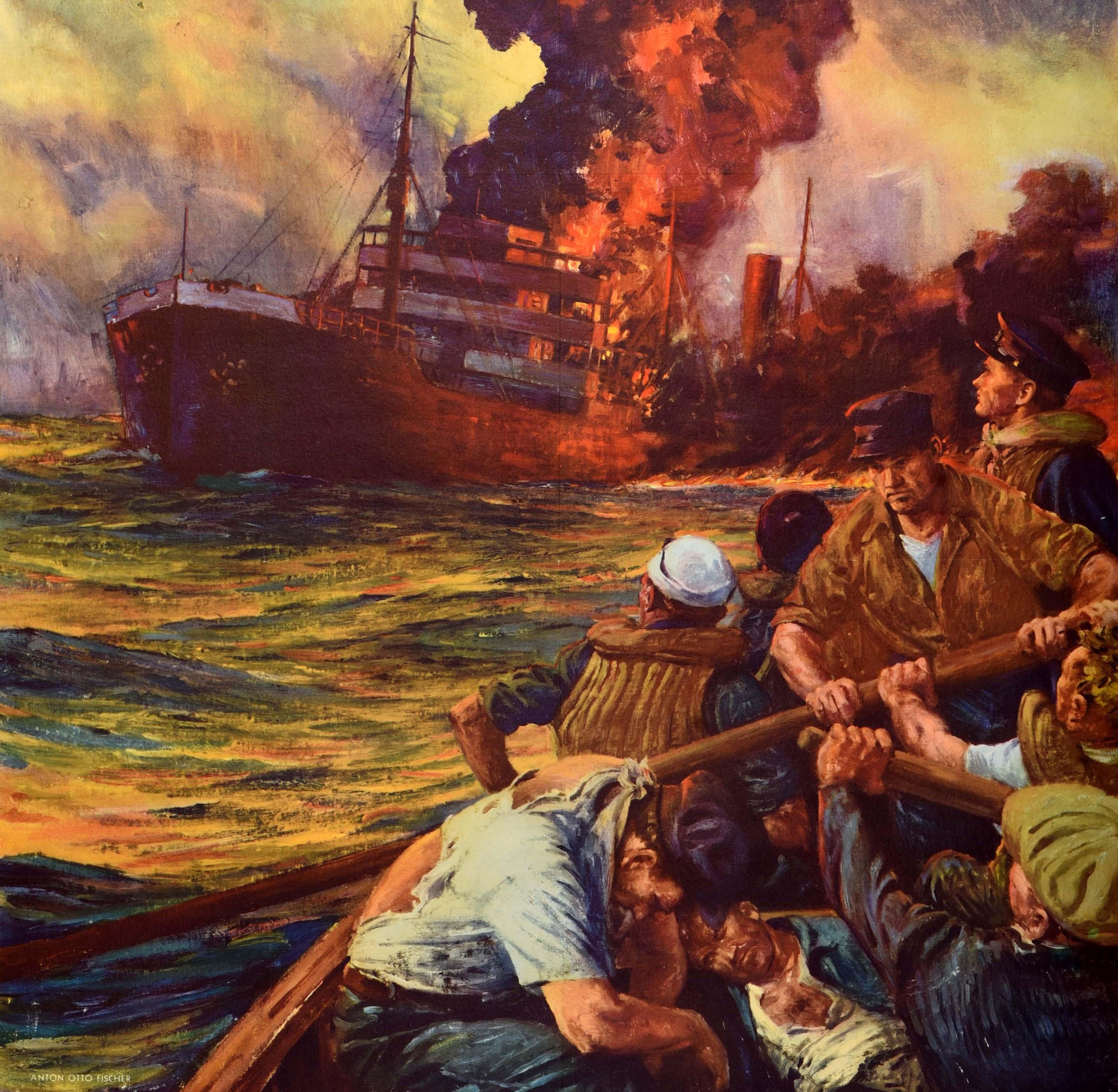 Poster di propaganda originale della Seconda Guerra Mondiale - A Careless Word... A Needless Sinking - con un'opera dinamica dell'illustratore del Saturday Evening Post Anton Otto Fischer (1882-1962) che raffigura un gruppo di marinai feriti su una
