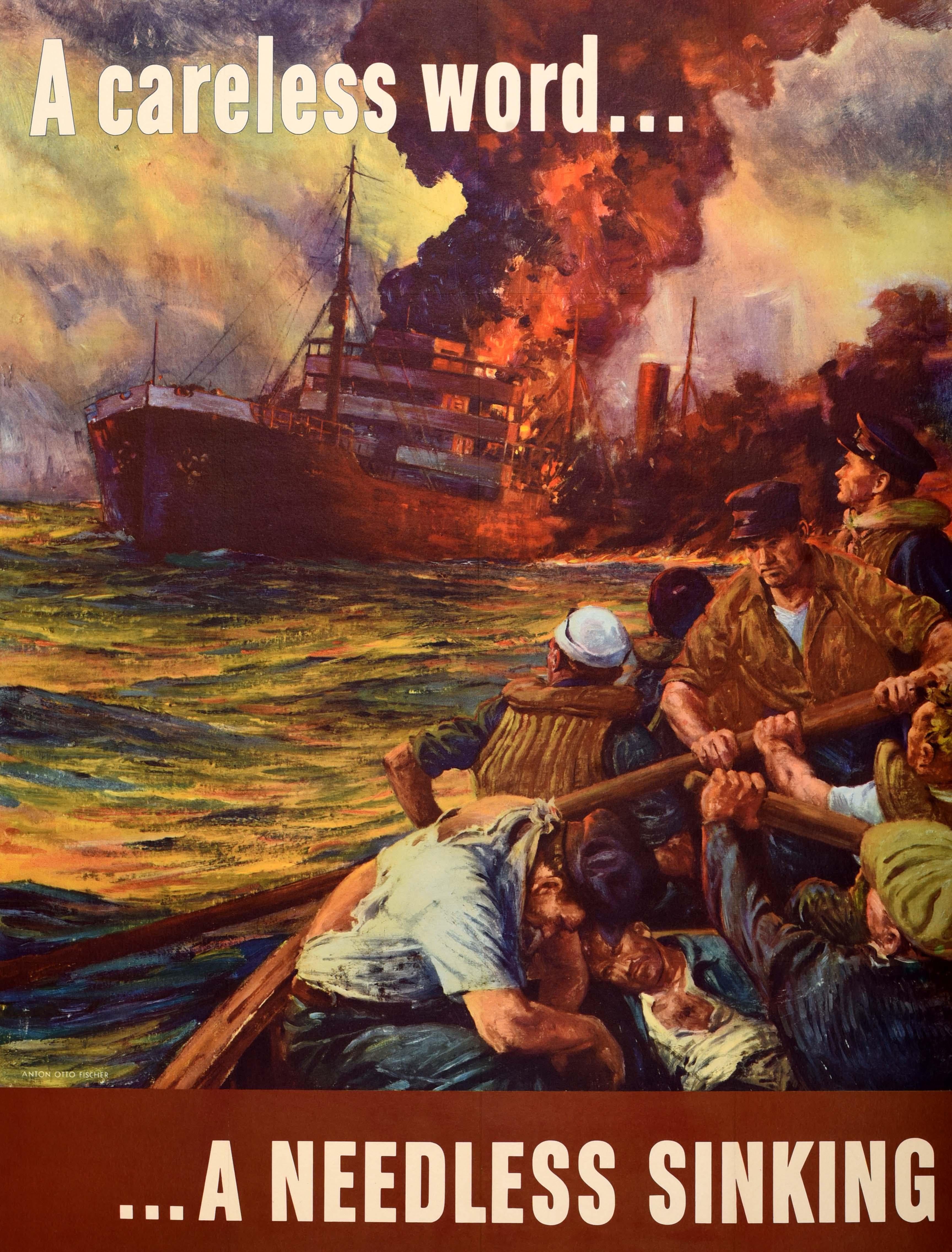 Metà XX secolo Poster originale di propaganda bellica d'epoca Parola imprudente Affondamento inutile WWII in vendita