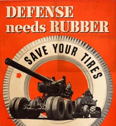 Original-Vintage-Kriegspropaganda-Plakat: „Die Verteidigung braucht Gummi – Schont eure Reifen“ – Zweiter Weltkrieg