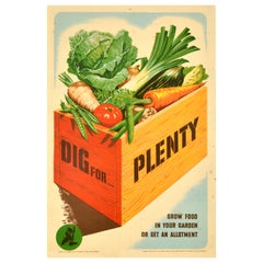Original Vintage War Propaganda Poster Dig For Plenty WWII Grow Food In Garden