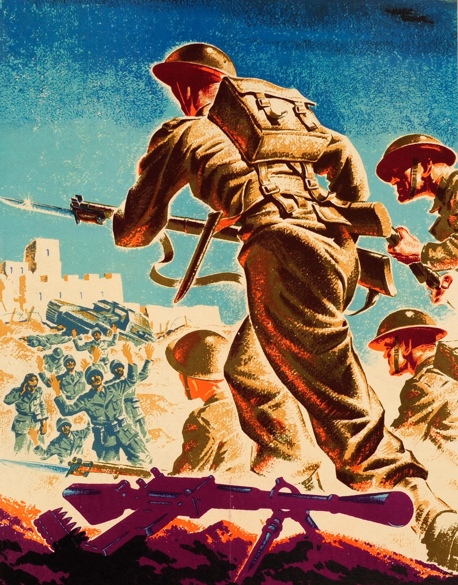 Affiche de propagande originale de la Seconde Guerre mondiale - Help Britain Finish The Job ! - avec une image dynamique de l'artiste britannique Marcus Stone (1909-1991) montrant des soldats britanniques armés de fusils à baïonnette chargeant sur