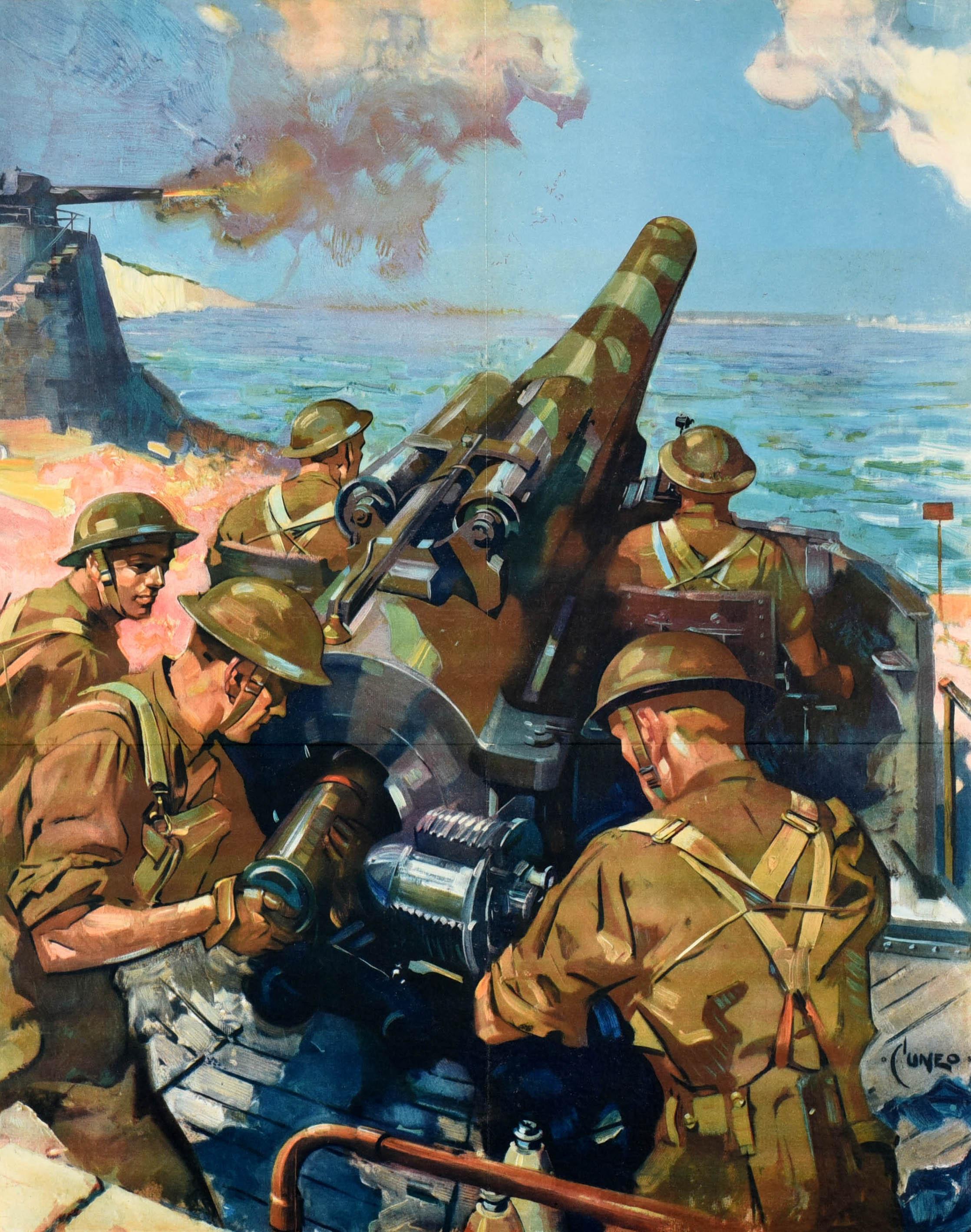 Original vintage World War Two propaganda poster - Help Britain Finish the Job! - featuring dramatic artwork by the notable British artist Terence Tenison Cuneo (1907-1996) showing five soldiers in uniform loading and firing a cannon gun from the