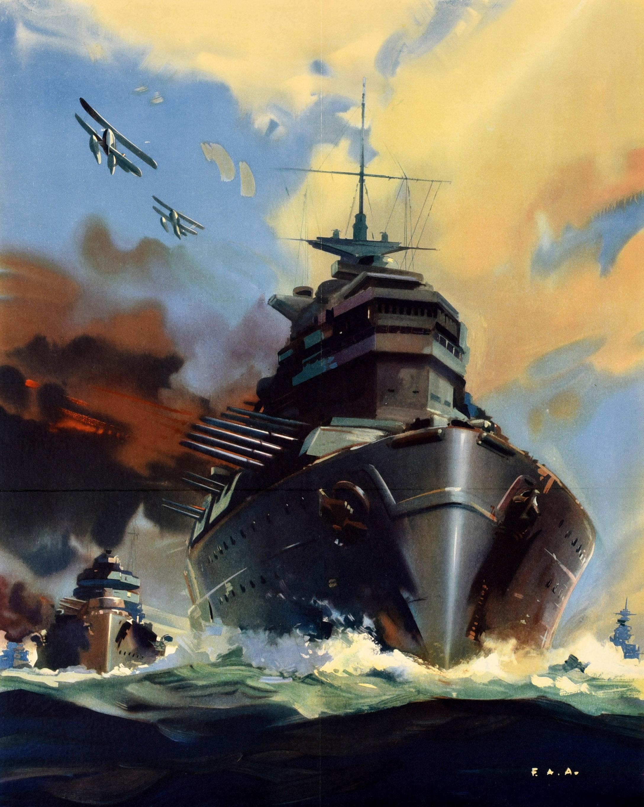 Original vintage World War Two propaganda poster - Help Britain Finish the Job! - featuring dynamic artwork depicting a warship at sea crashing through waves towards the viewer and shooting guns smoking from the cannons on the side, with biplanes