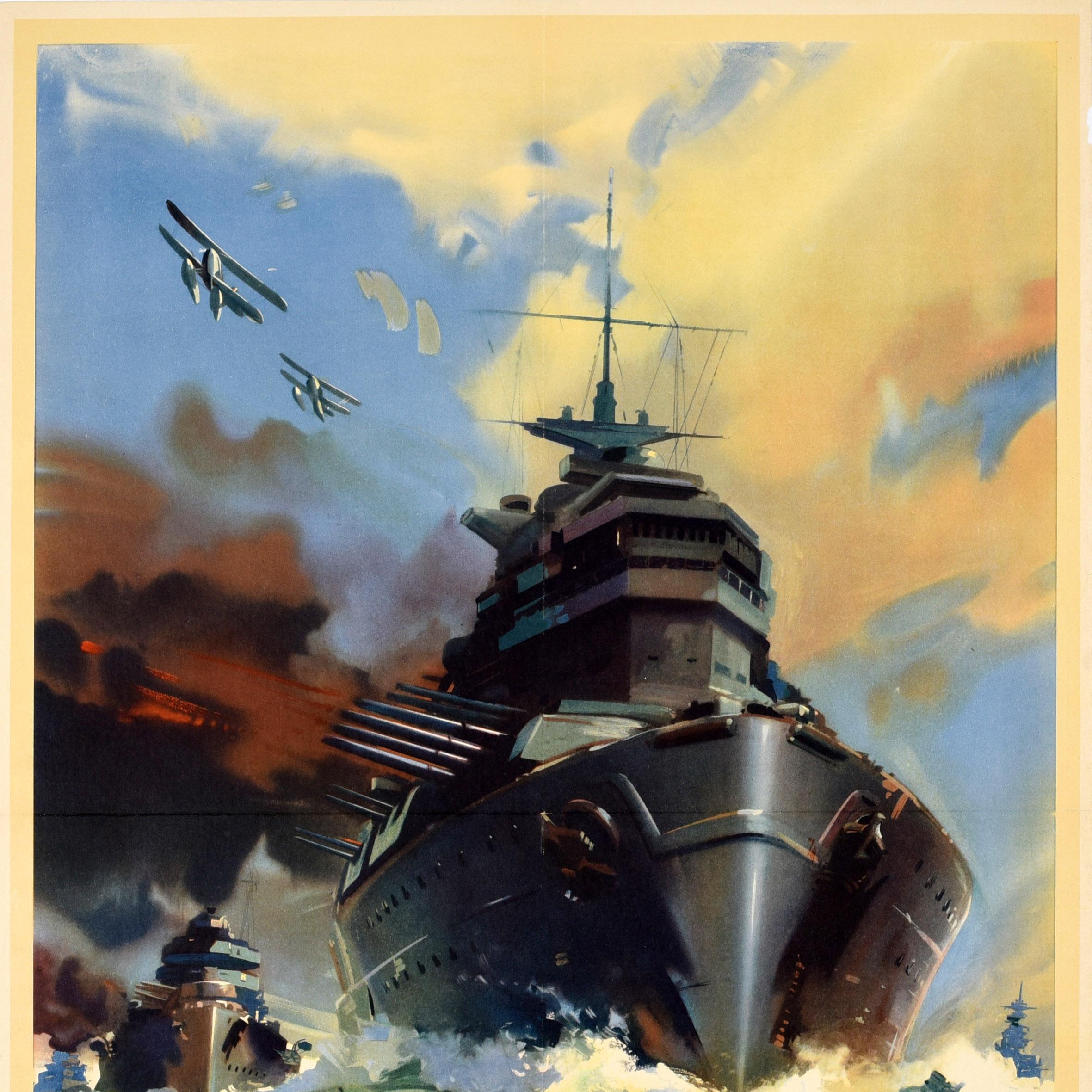 Original-Vintage- Propagandaplakat „Held Britain Finish The Job“, Kriegsschiffe, Zweiter Weltkrieg (Britisch)