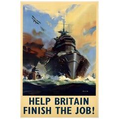 Original Vintage War Propaganda Poster Help Britain Finish The Job WWII Warships