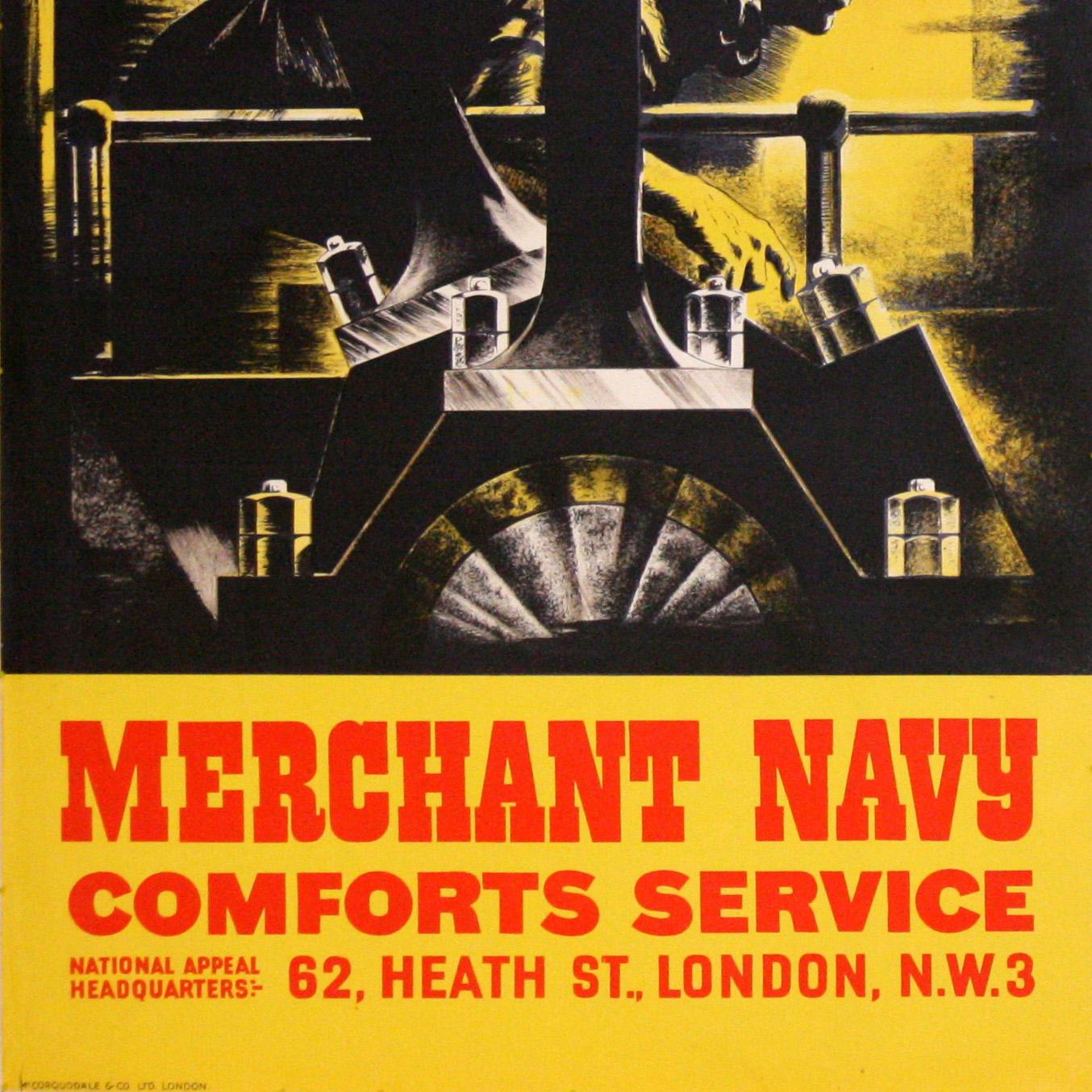 Original Vintage War Propaganda Poster Merchant Navy Engine Room WWII Ore In Good Condition For Sale In London, GB