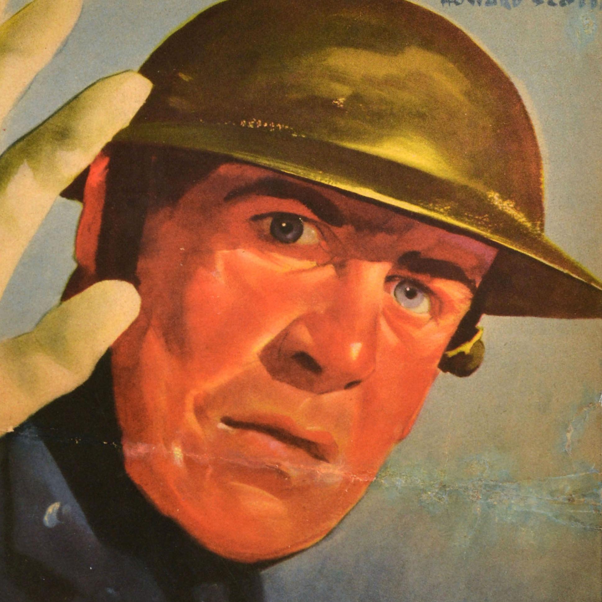 Original vintage World War Two warning poster - Quiet! Stop needless noise Noise wastes energy, dissipates manpower, slows war production - featuring a dynamic image of a man in a helmet looking at the viewer in alarm and raising his gloved hand to