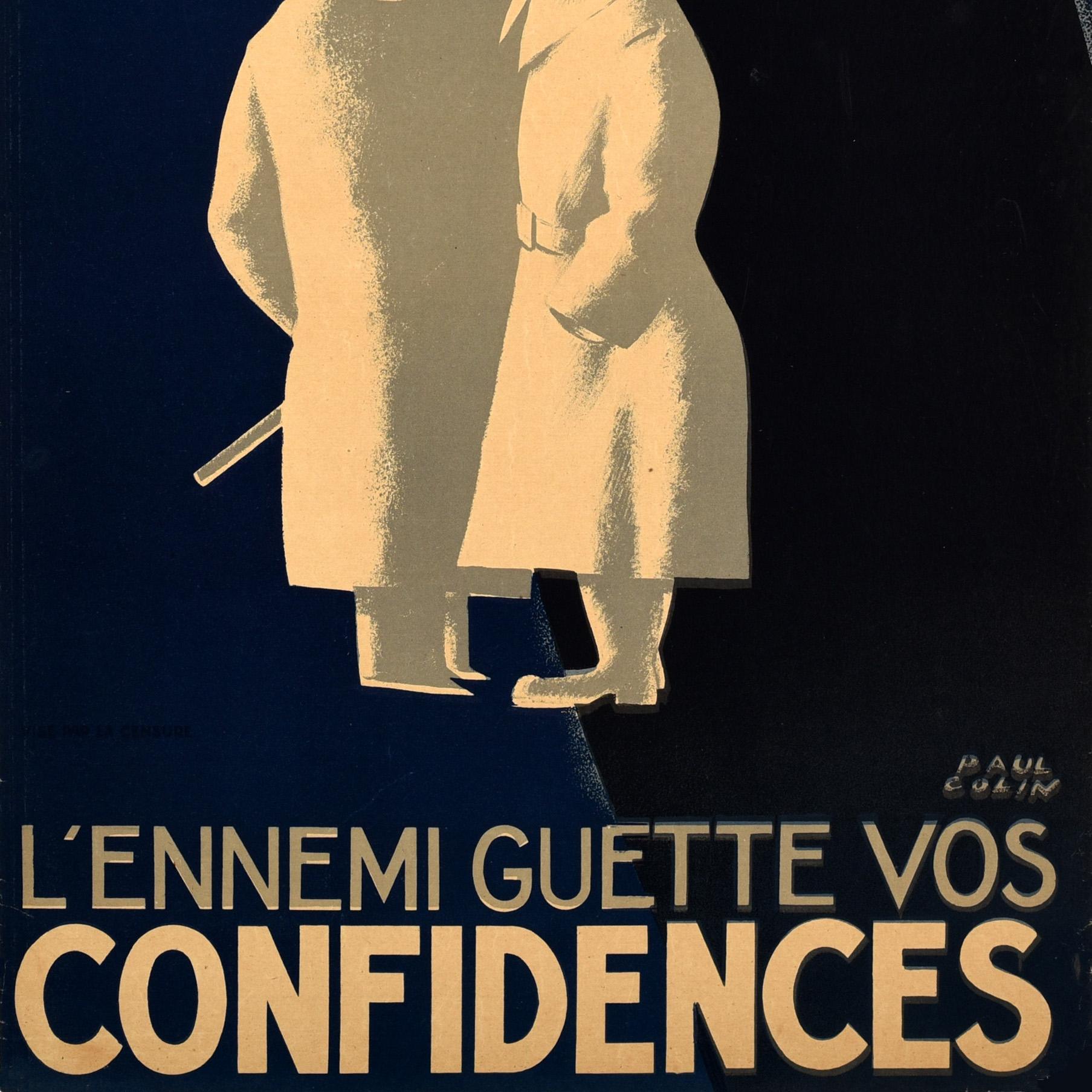 Original Vintage War Propaganda Poster Silence Enemy Watching Paul Colin WWII Bon état - En vente à London, GB
