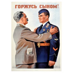 Original Vintage War Propaganda Poster Soviet Air Force Pilot Hero Pride USSR