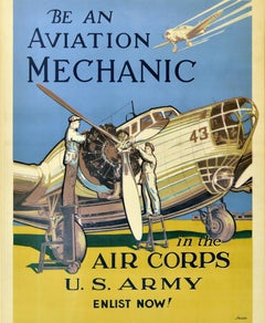 Original Vintage War Recruitment Poster Aviation Mechanic US Army Air Corps WWII