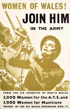 Original Vintage War Recruitment Poster Women Of Wales WWII Join Him Army ATS