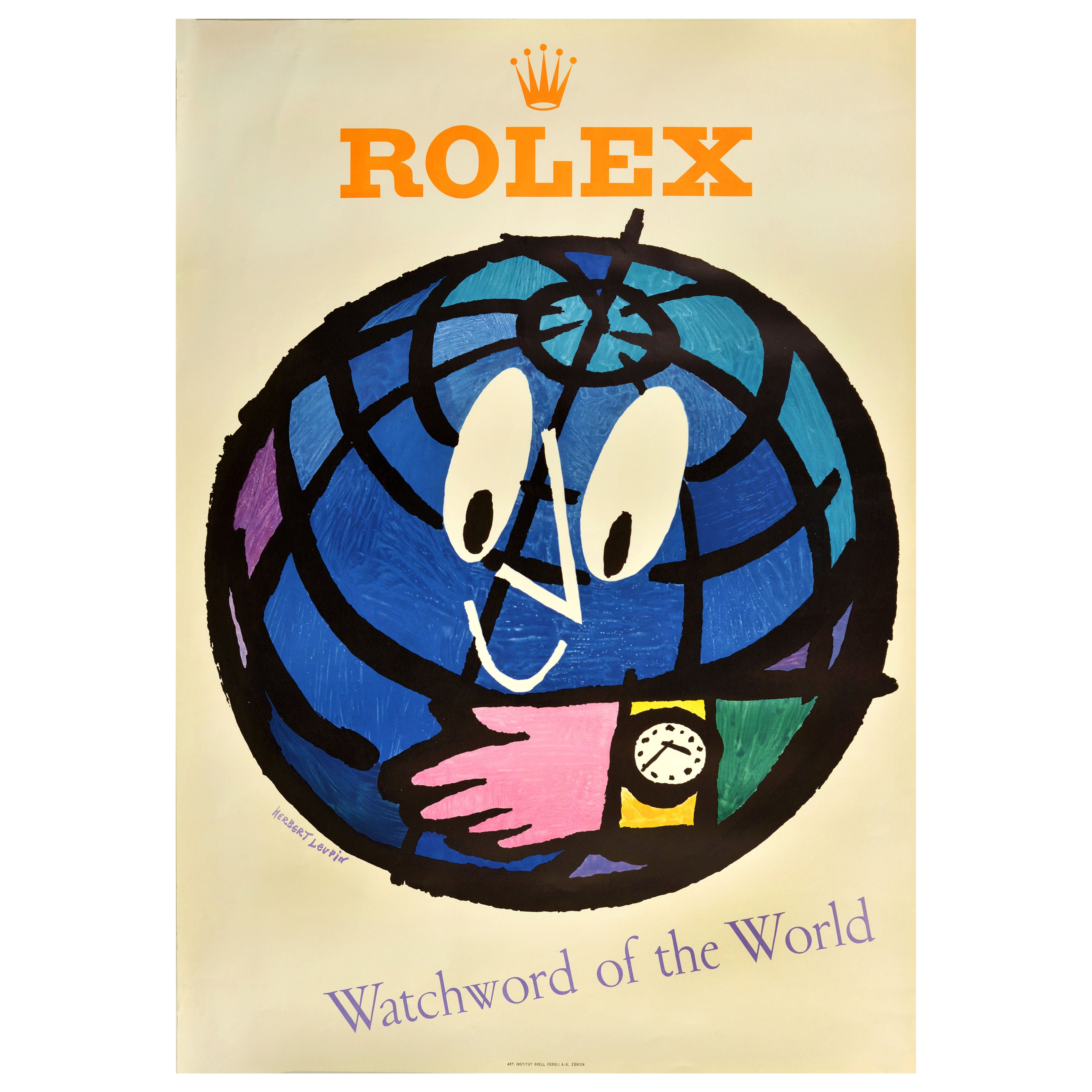 Poster pubblicitario originale per orologi d'epoca Rolex Herbert Herbert Leupin in vendita