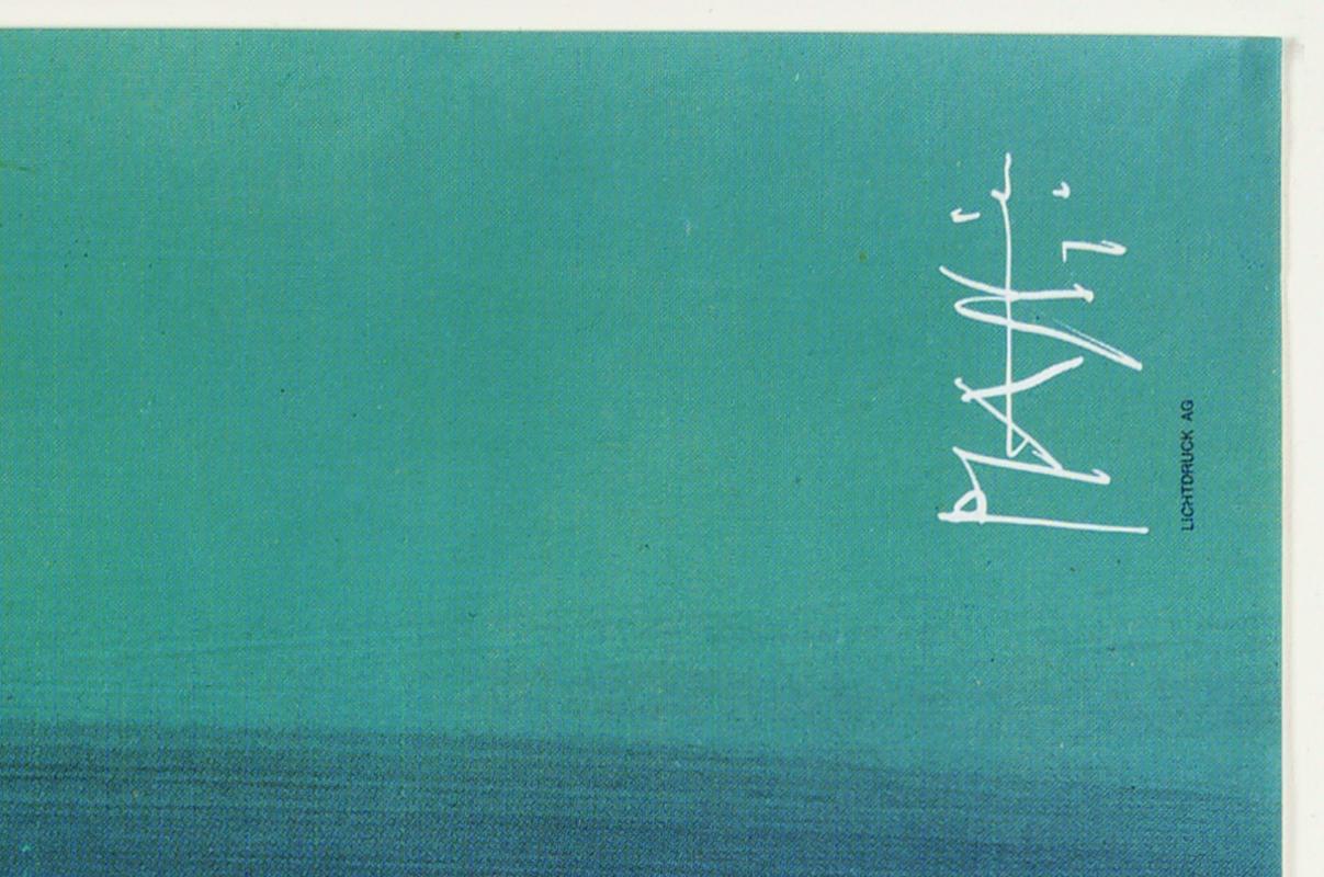 Original Schweizer Vintage Poster für Rolex' Submariner, Referenz 1680, entworfen von Celestino Piatti, einem sehr produktiven Schweizer Grafiker (1922-2007), bekannt für seinen Charme und subtilen Humor, gedruckt 1974 in der Schweiz von Lichtdruck