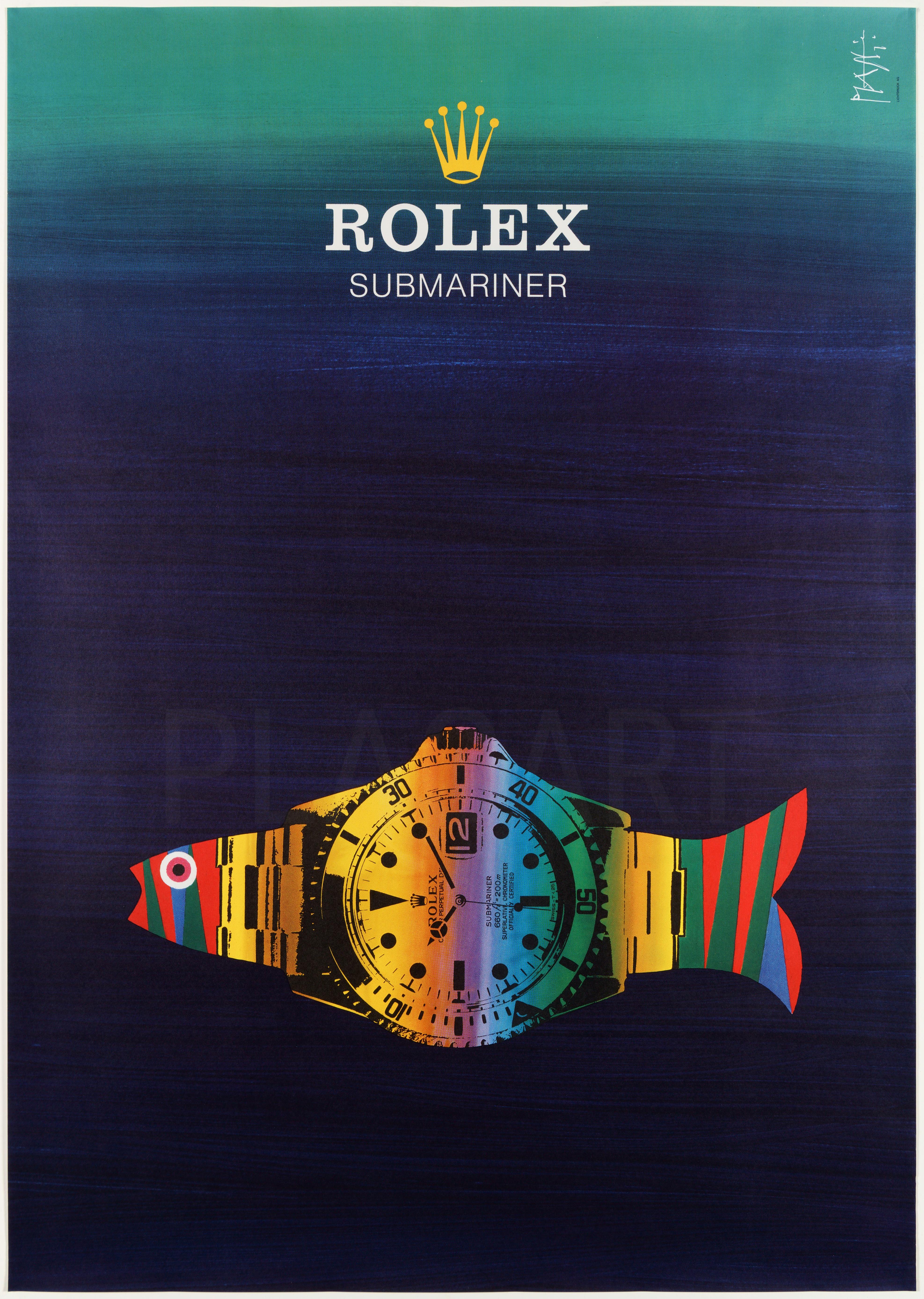Late 20th Century Original Vintage Watch Poster Rolex Submariner Switzerland For Sale