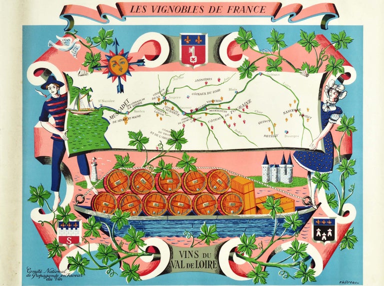 Original Vintage Wine Map Poster Les Vignobles De France Loire Valley Vineyards In Good Condition For Sale In London, GB
