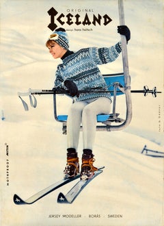 Original Vintage Winter Fashion Poster Iceland Jersey Modeller Skiing Wear