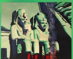 Original Vintage Winter Holiday Travel Poster for Egypt Ft. Pharaoh Statue Ruins
