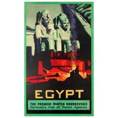 Original Vintage Winter Holiday Travel Poster for Egypt Ft. Pharaoh Statue Ruins