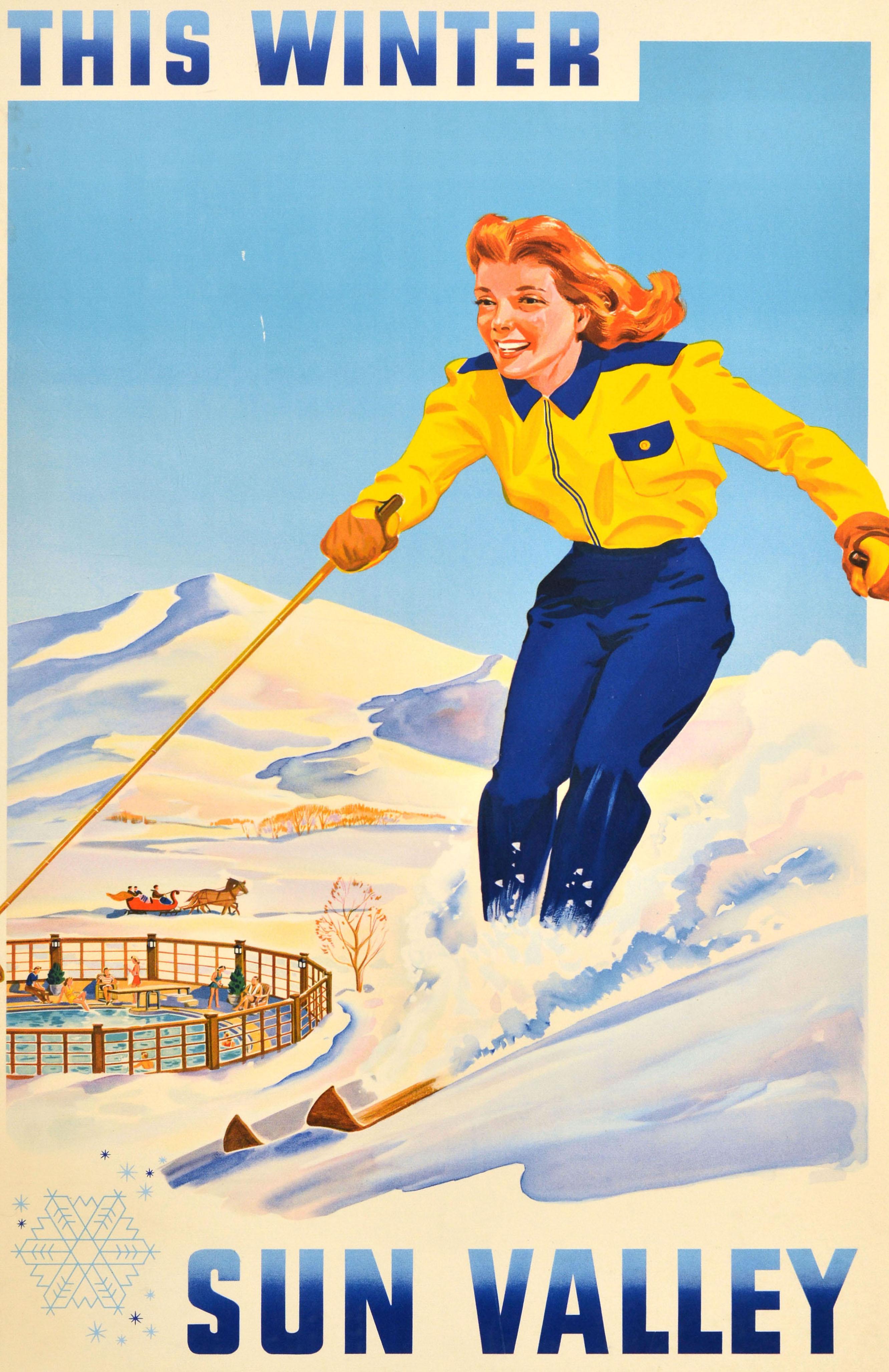 Original vintage winter sports travel poster - This Winter Sun Valley - featuring a great image of a smiling lady in a yellow and blue ski suit skiing down a snowy slope at speed with people enjoying swimming in an outdoor heated pool and riding a