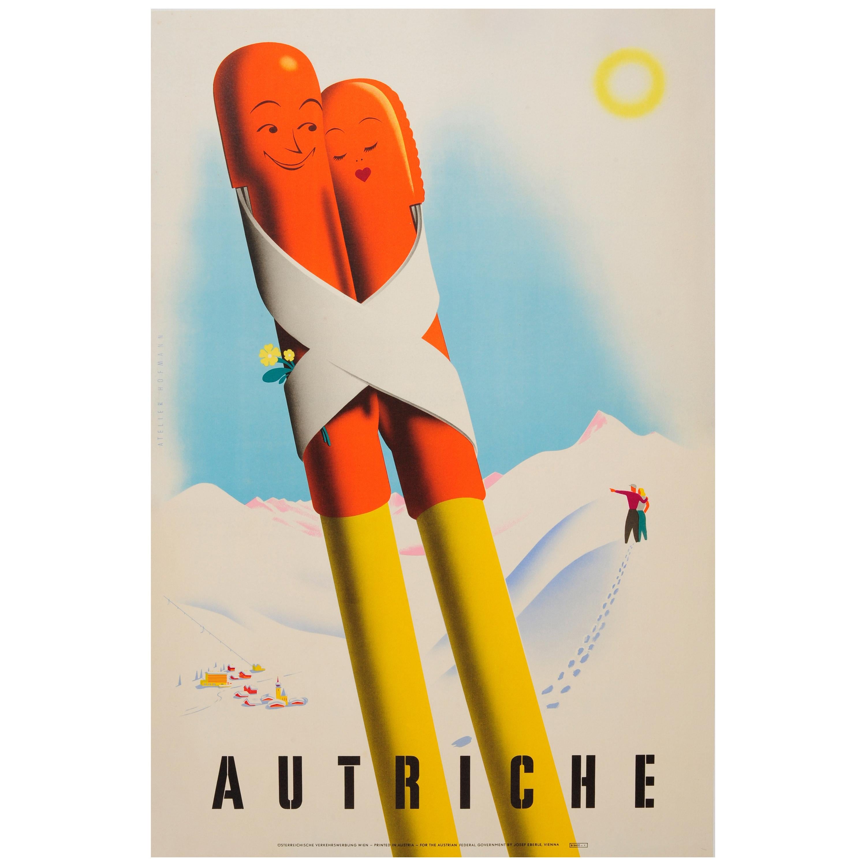 Original Vintage Winter Sport and Skiing Travel Poster Romantic Austria Autriche
