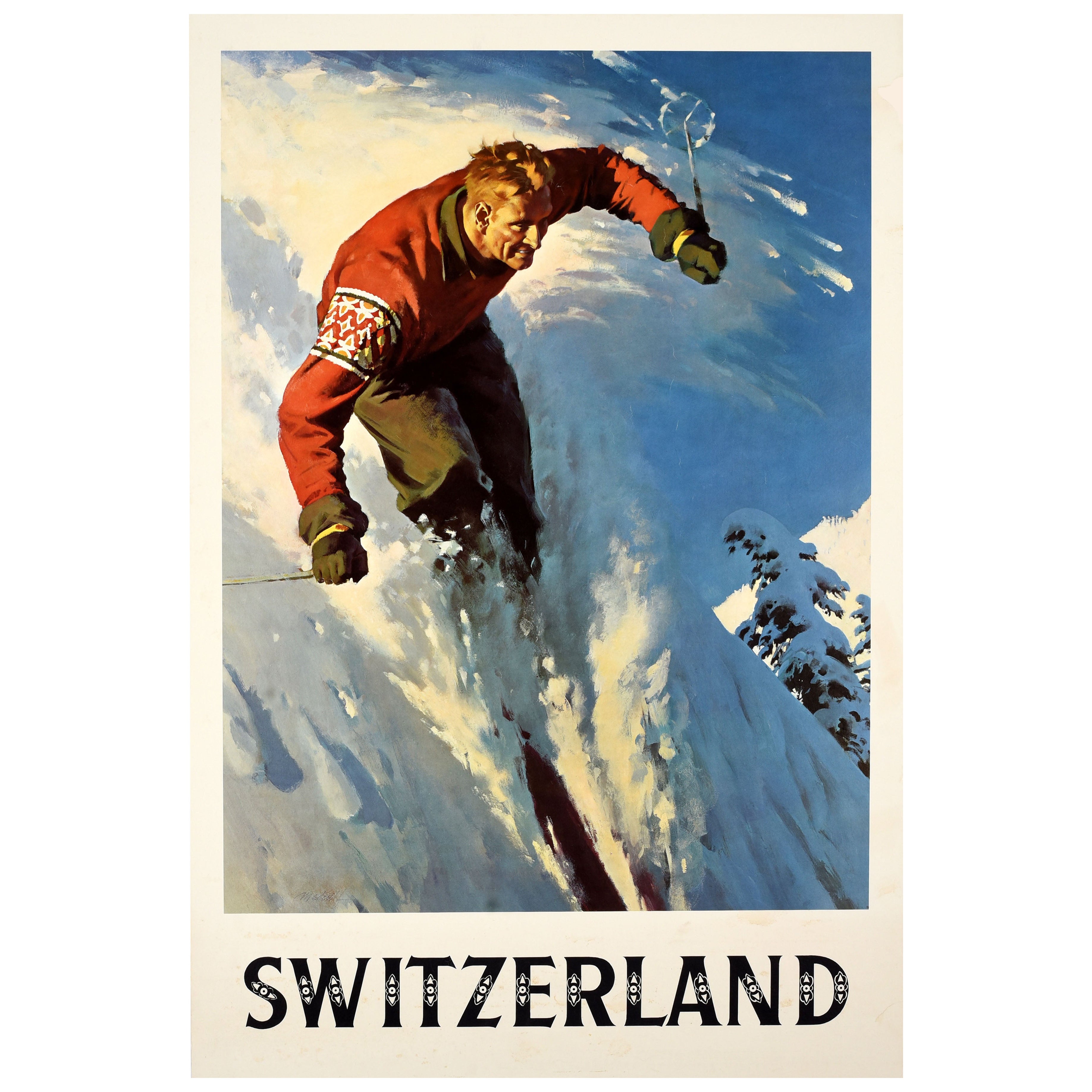 Originale Vintage Winter Sport und Reise Poster Ski Schweiz Mitte des Jahrhunderts