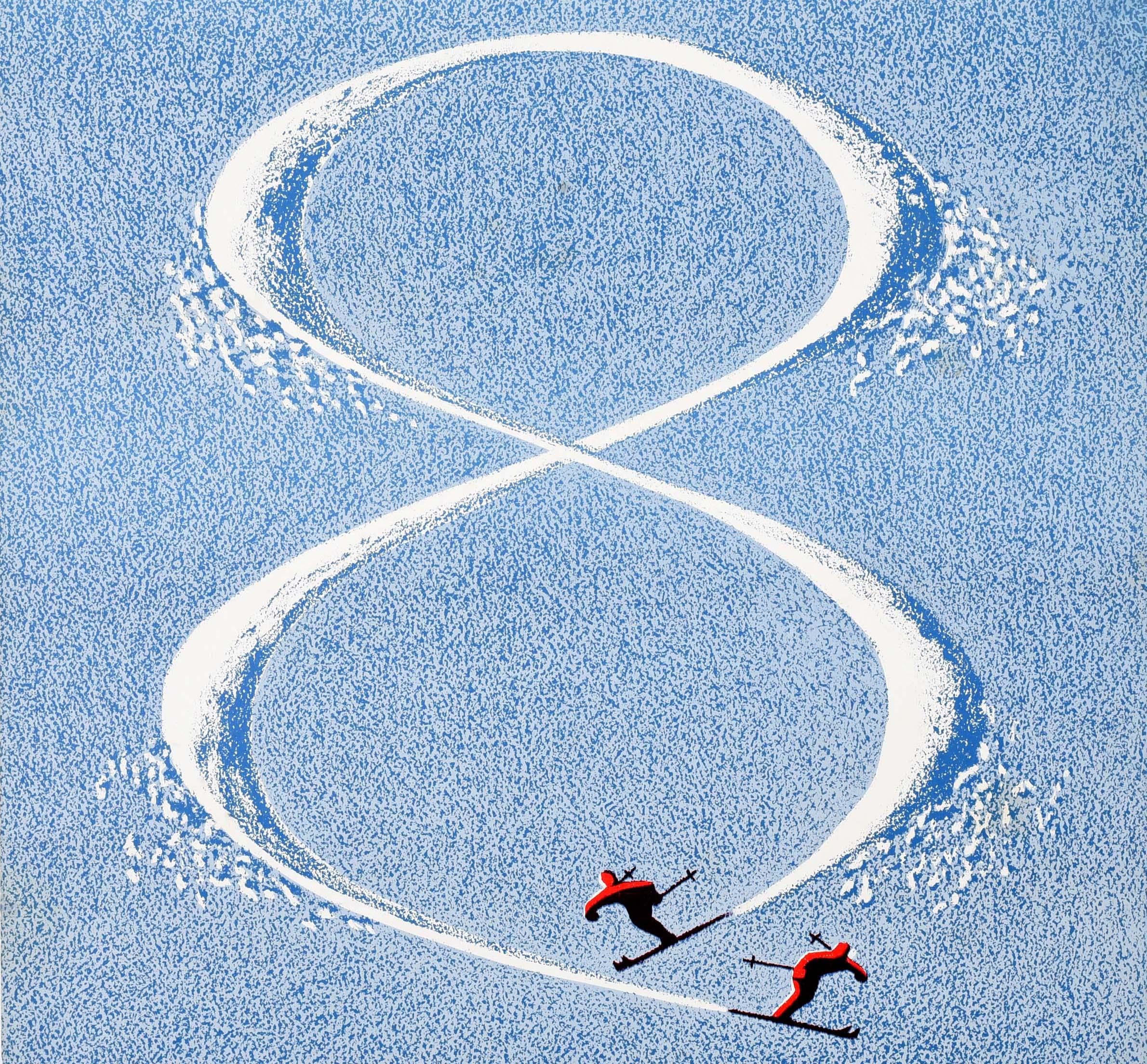 Original vintage winter sport poster for the 8. Interski Aspen Colorado USA 1968 19-28 April. Great design depicting two skiers in red skiing down a slope across each other to form the number 8 in the snow with the text below. The popular ski resort
