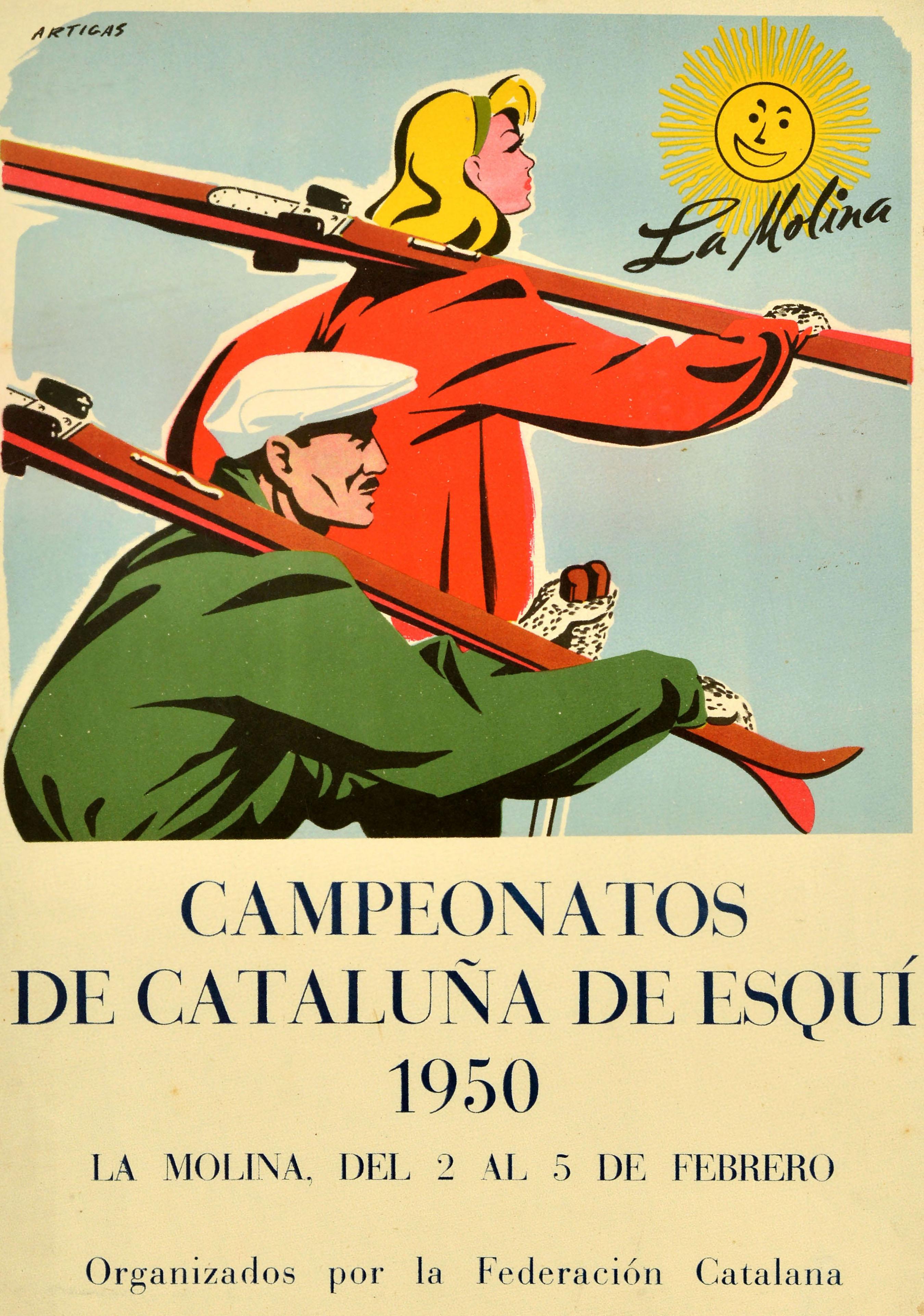 Poster originale d'epoca sugli sport invernali per i Campionati Catalani di Sci del 1950 - Campeonatos De Cataluña De Esquí 1950 Organizados por la Federacion Catalana - tenutisi a Molina dal 2 al 5 febbraio e organizzati dalla Federazione Catalana