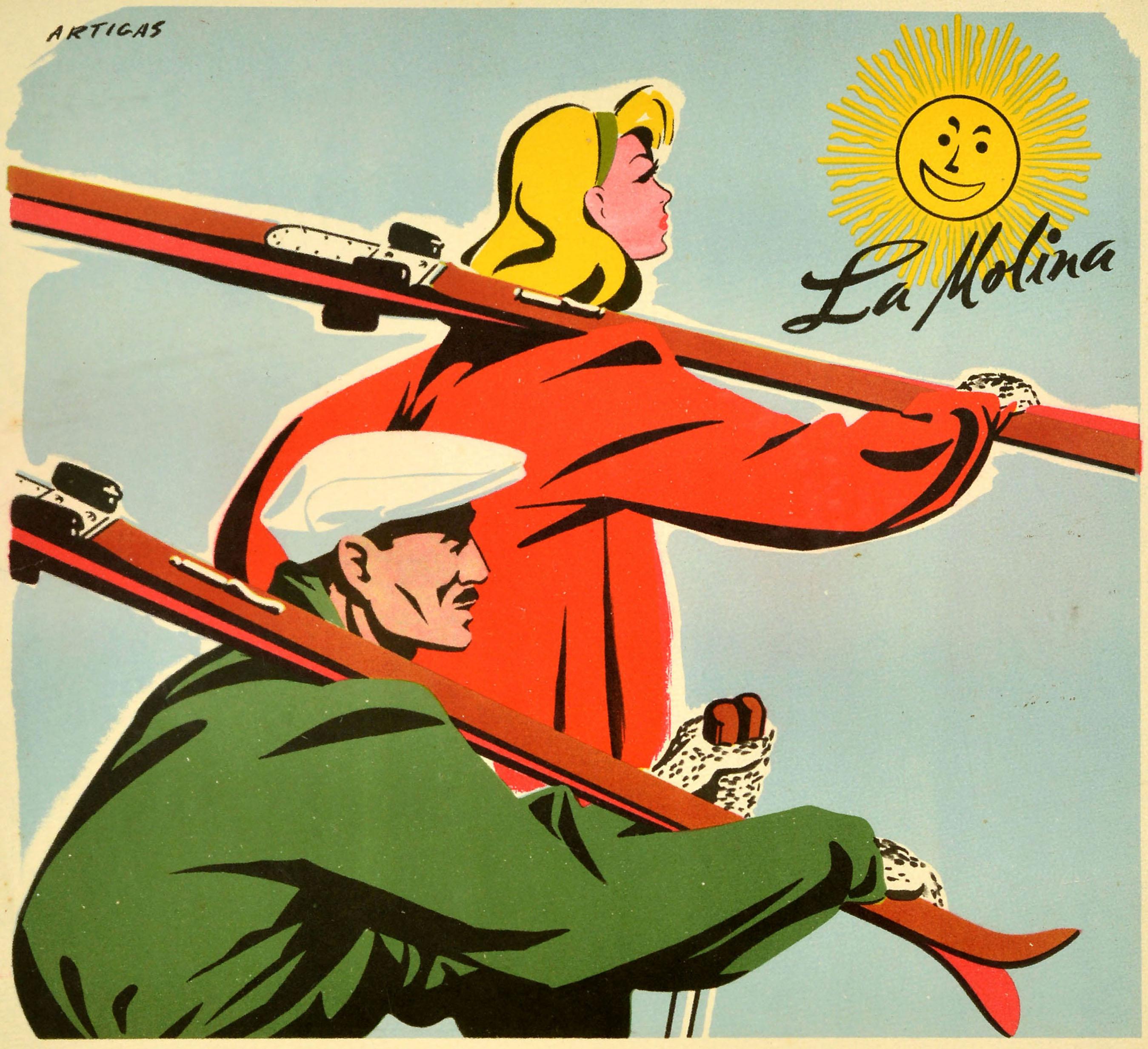 Metà XX secolo Poster originale d'epoca sugli sport invernali Campionati catalani di sci 1950 La Molina in vendita