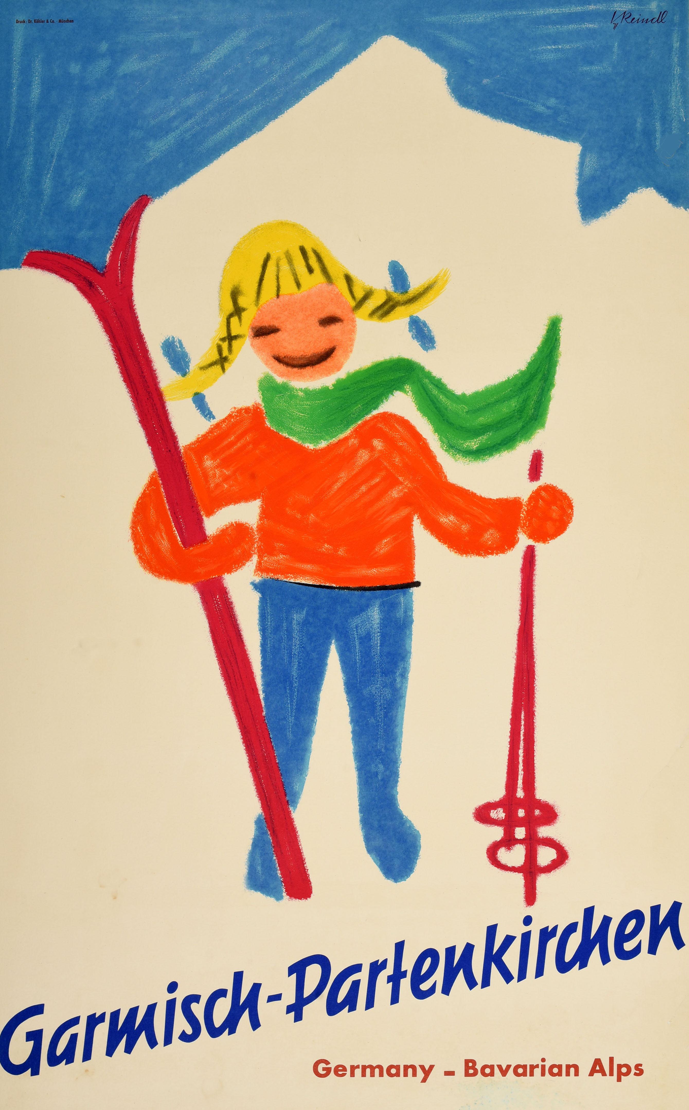 Poster originale d'epoca per gli sport invernali della stazione sciistica di Garmisch-Partenkirchen in Baviera, Germania, con un'illustrazione colorata nello stile di un disegno infantile che mostra una ragazza sorridente con nastri blu tra i