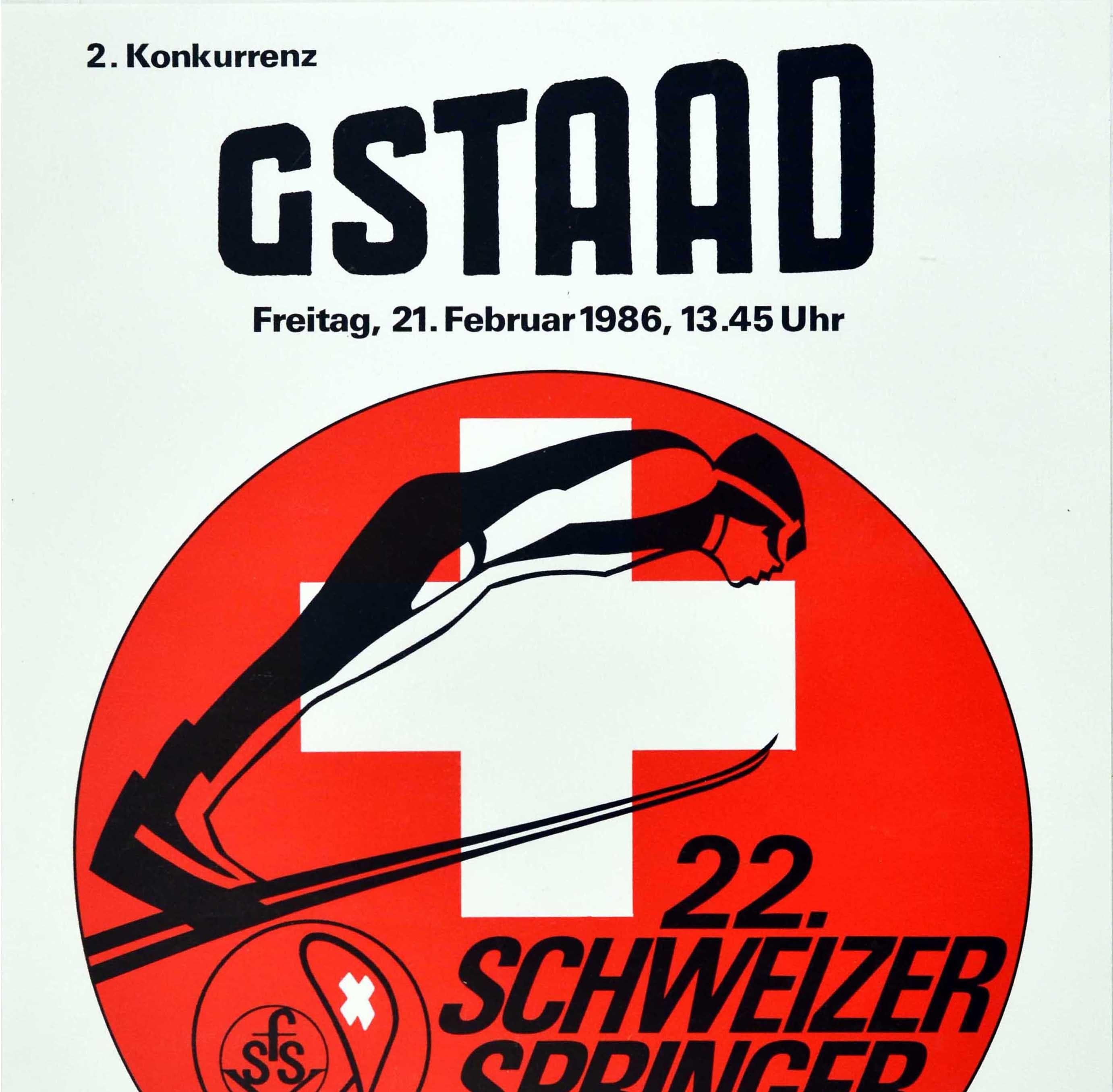 Original vintage winter sport event poster for the 22 Schweizer Springer Tournee Ski Tournament held in the popular Swiss ski resort of Gstaad on Friday 21 February 1986 featuring a striking design depicting a skier jumping above the logo and title