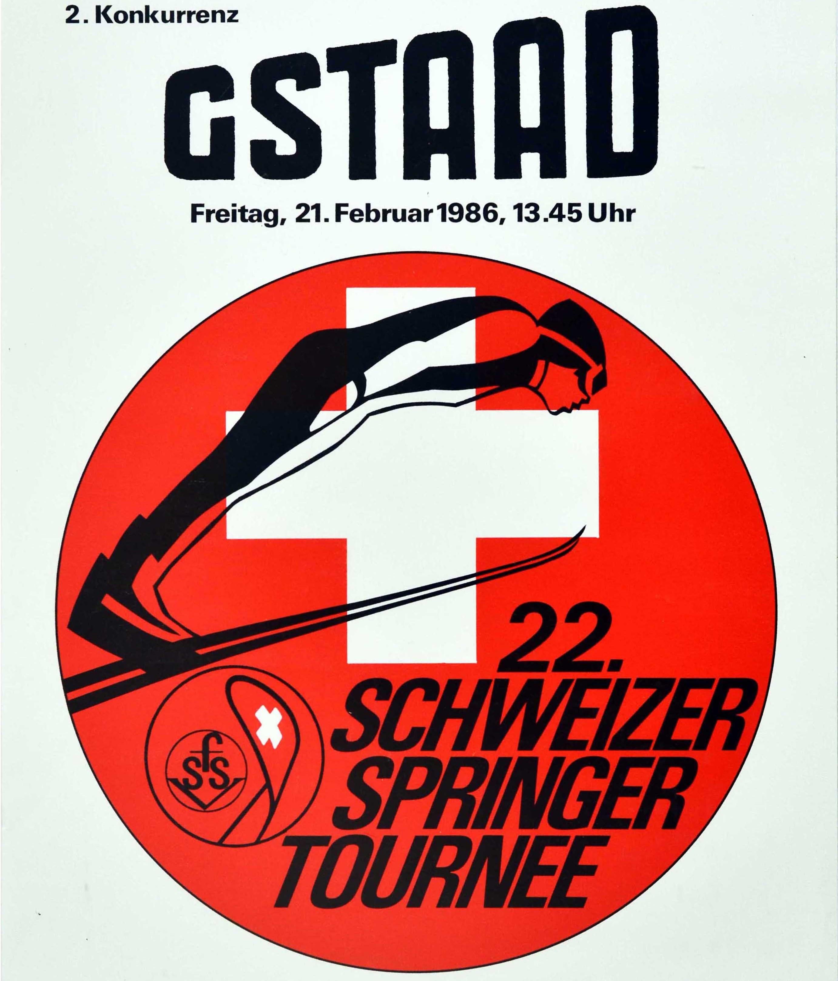 Original Vintage Winter Sport Poster Gstaad Schweizer Springer Tournee Ski Jump In Good Condition For Sale In London, GB