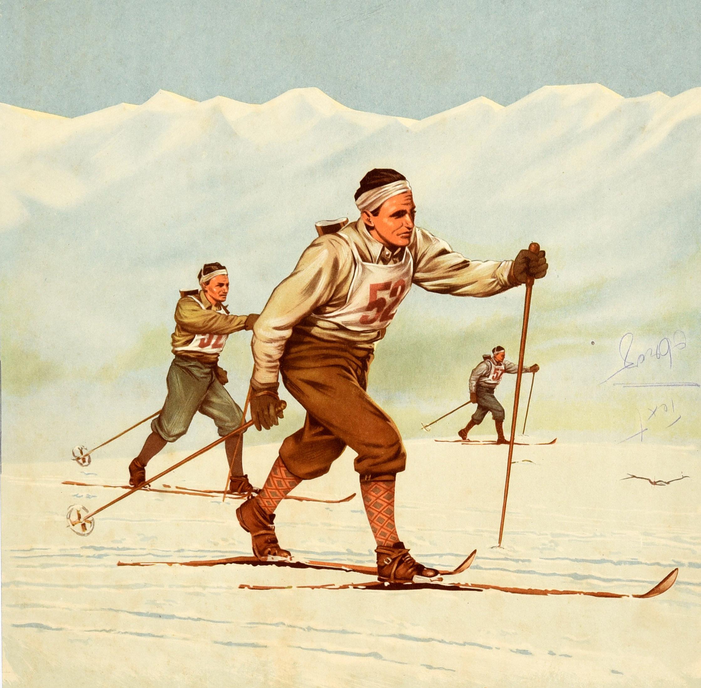 Poster originale d'epoca di un evento di biathlon e tiro a segno - Jasna Low Tatras National Championships in the Sokol Military Prowess Competition 12-14 March 1954 / Jasna-nizke Tatry Celostatne Prebory V Sokolovskych Pretekoch Brannej Zdatnosti -