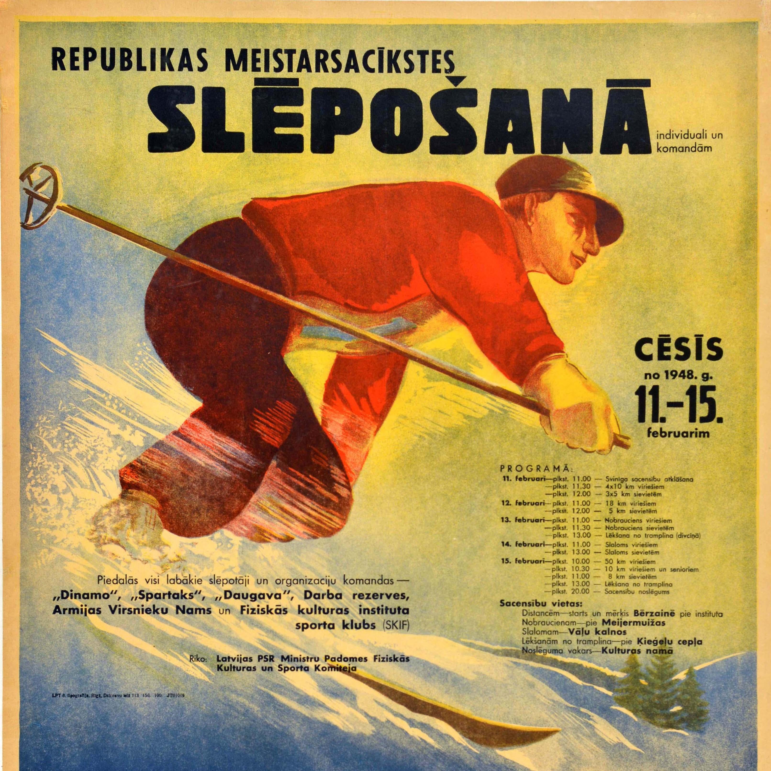 Poster originale d'epoca sugli sport invernali Repubblica Lettone Campionato di sci URSS In condizioni buone in vendita a London, GB