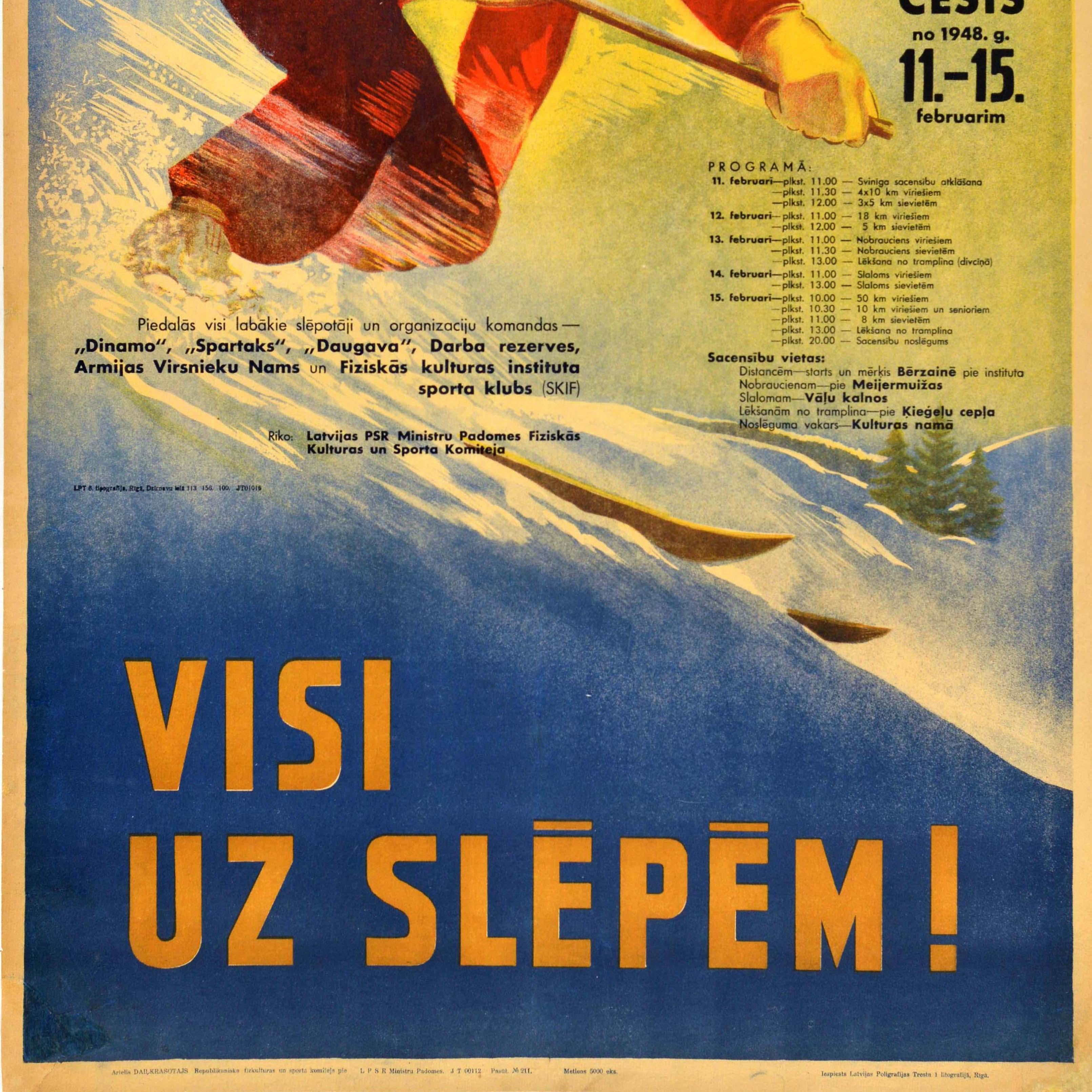 Metà XX secolo Poster originale d'epoca sugli sport invernali Repubblica Lettone Campionato di sci URSS in vendita