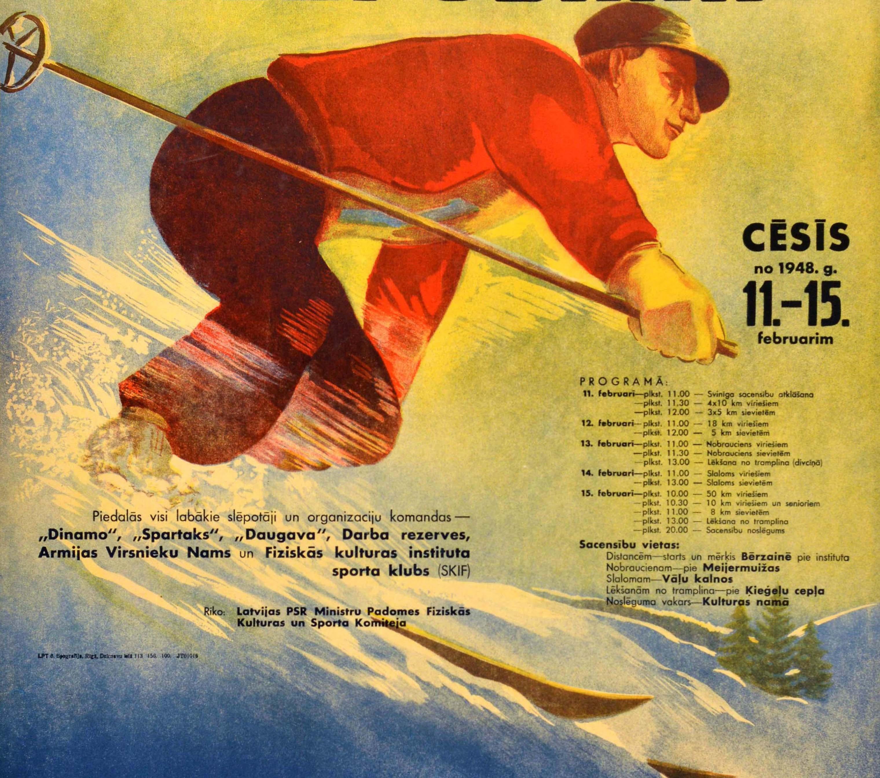 Carta Poster originale d'epoca sugli sport invernali Repubblica Lettone Campionato di sci URSS in vendita