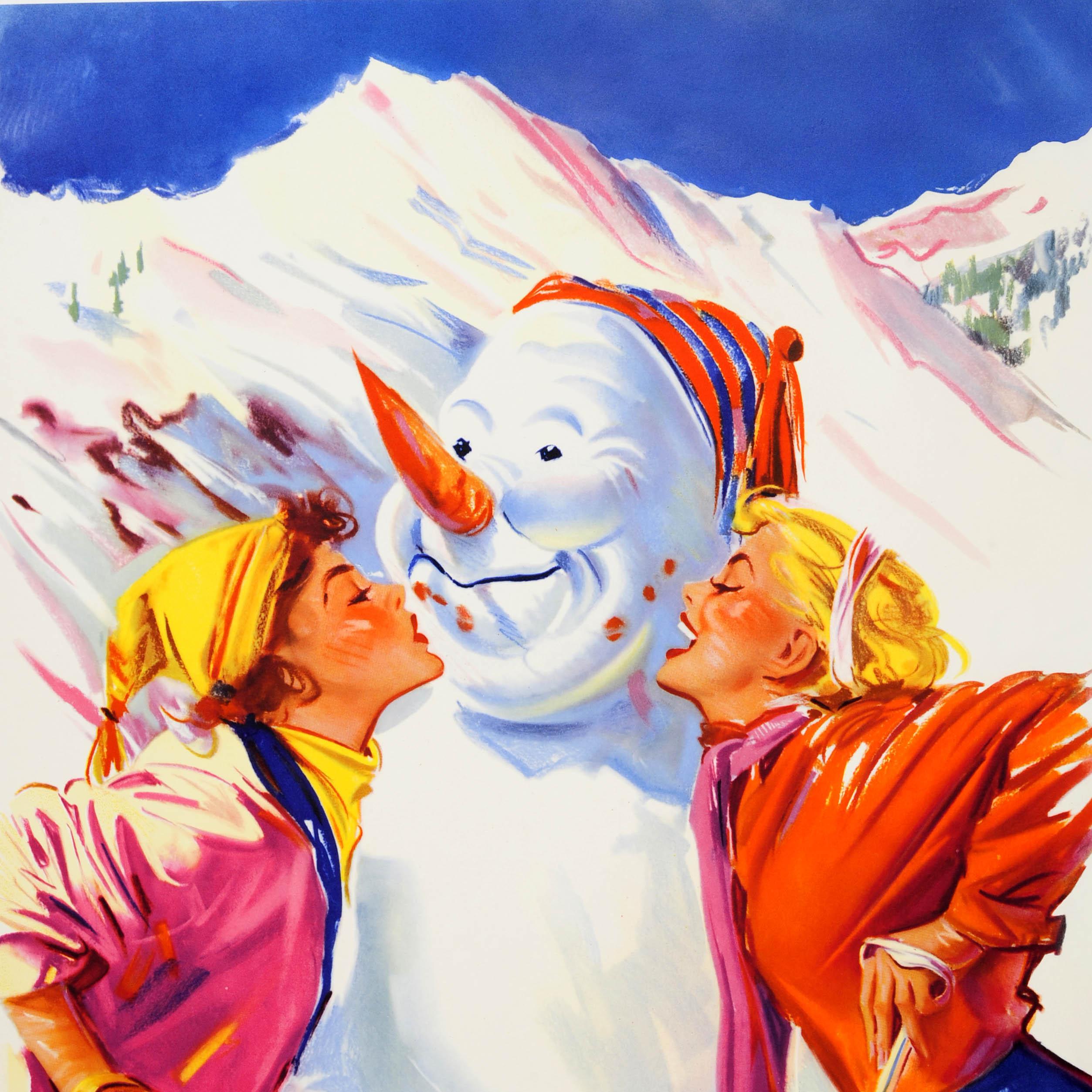 Austrian Original Vintage Winter Sport Poster Ski Austria Snowman Kiss Skiing Autriche For Sale