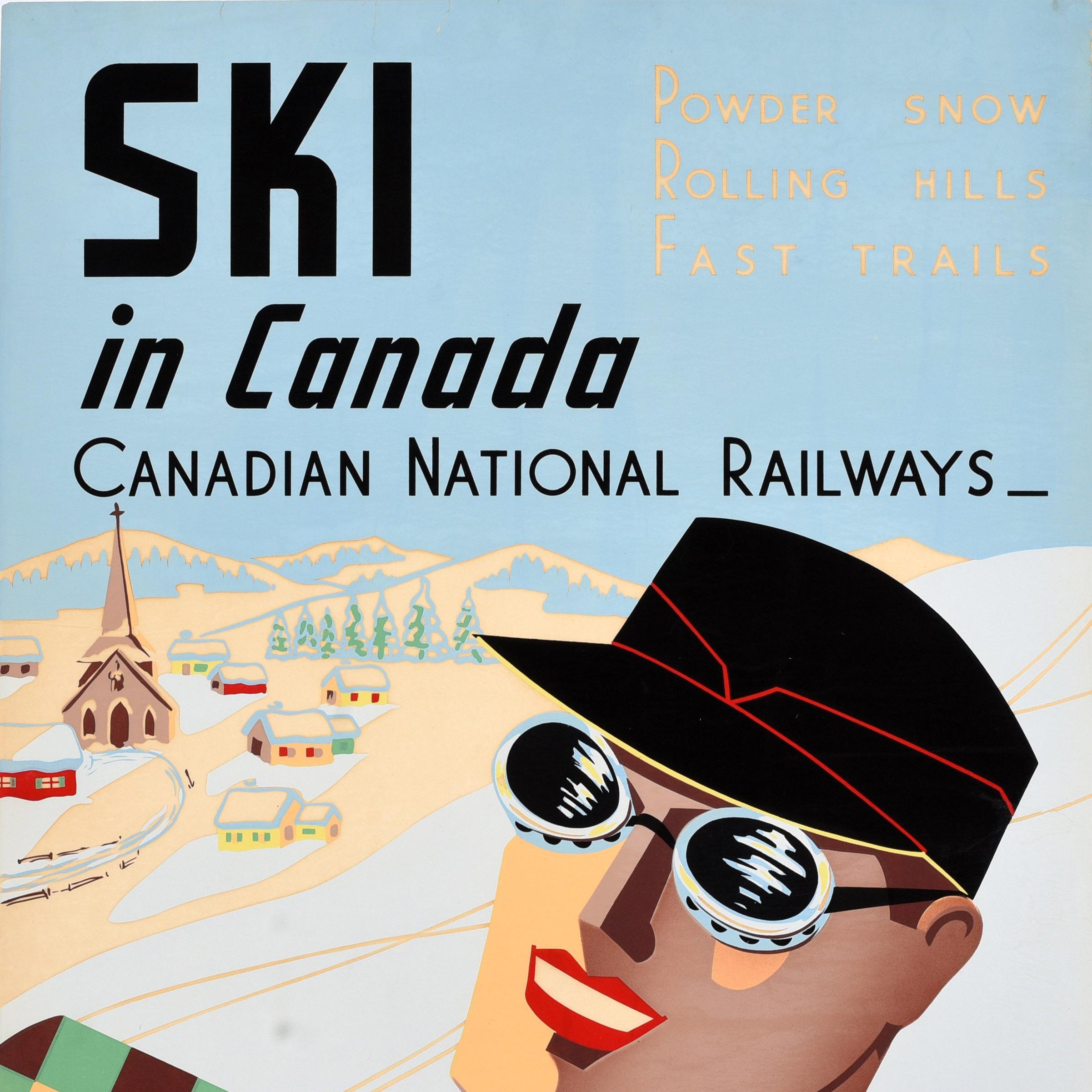 Art Deco Original Vintage Winter Sport Poster Ski In Canada Canadian National Railways For Sale