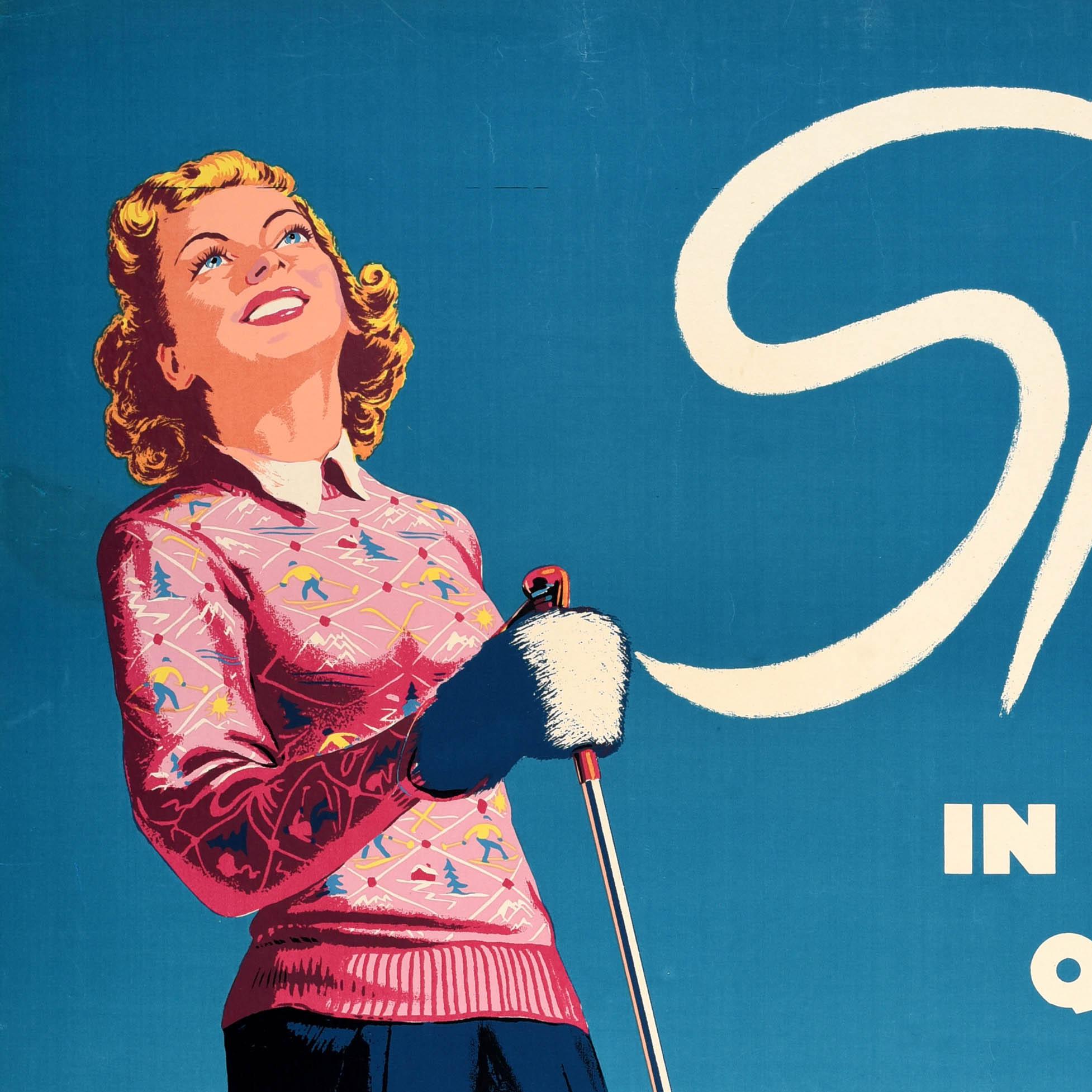Original Vintage-Wintersportplakat - Ski in Old Quebec Chateau Frontenac - mit einem atemberaubenden Kunstwerk, das eine lächelnde Dame mit blonden Haaren zeigt, die einen gemusterten rosa Pullover mit kleinen Bildern von schneebedeckten Chalets und