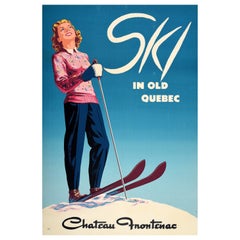Original Vintage-Wintersportplakat, Wintersport, Ski, Old Quebec, Chateau Frontenac, Kanada