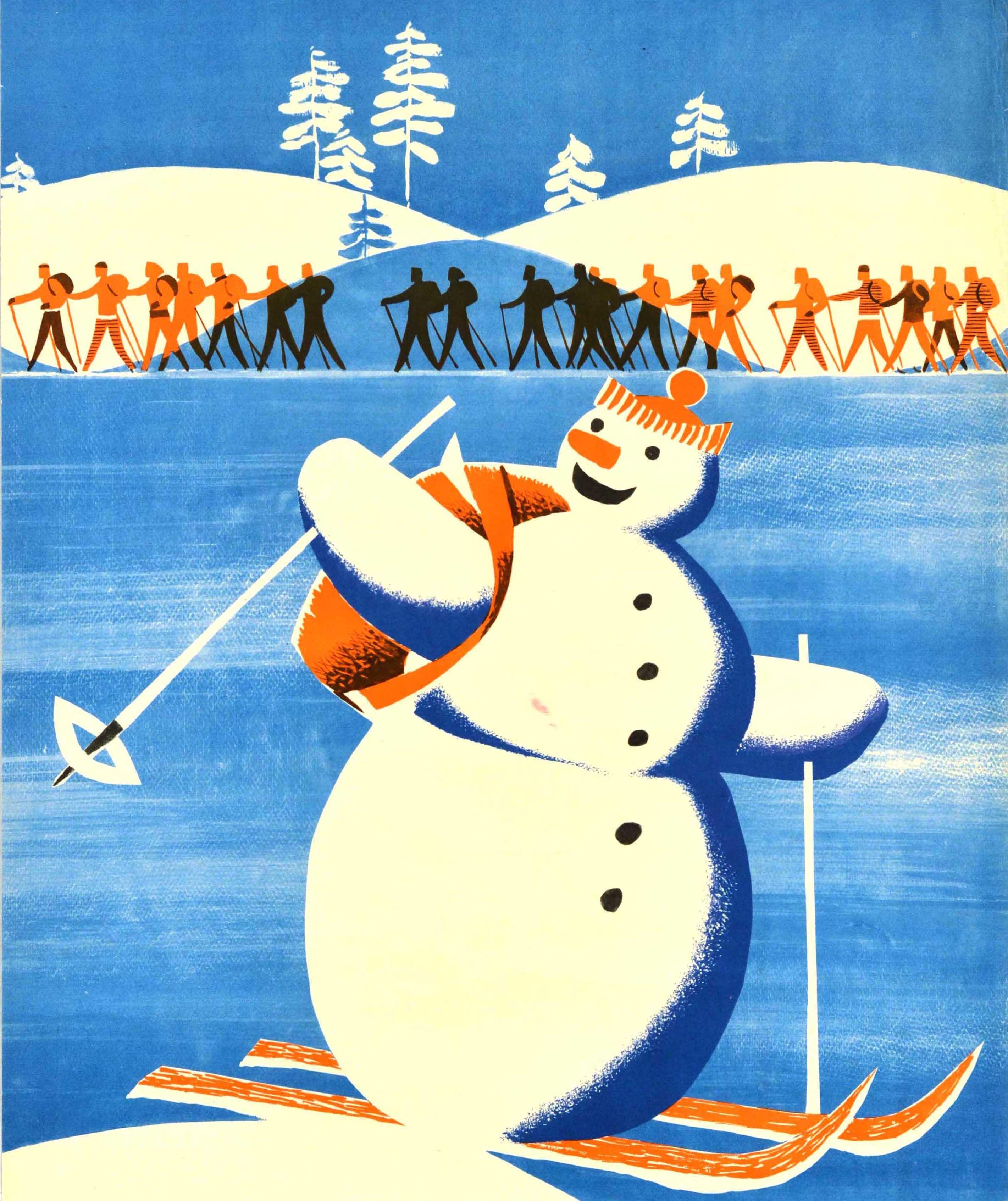 Original vintage Soviet travel poster featuring a fun illustration of a snowman on skis waving at people going cross-country skiing in front of snow topped hills and trees in the background, the caption below the image reads: Tourists get on skis! /