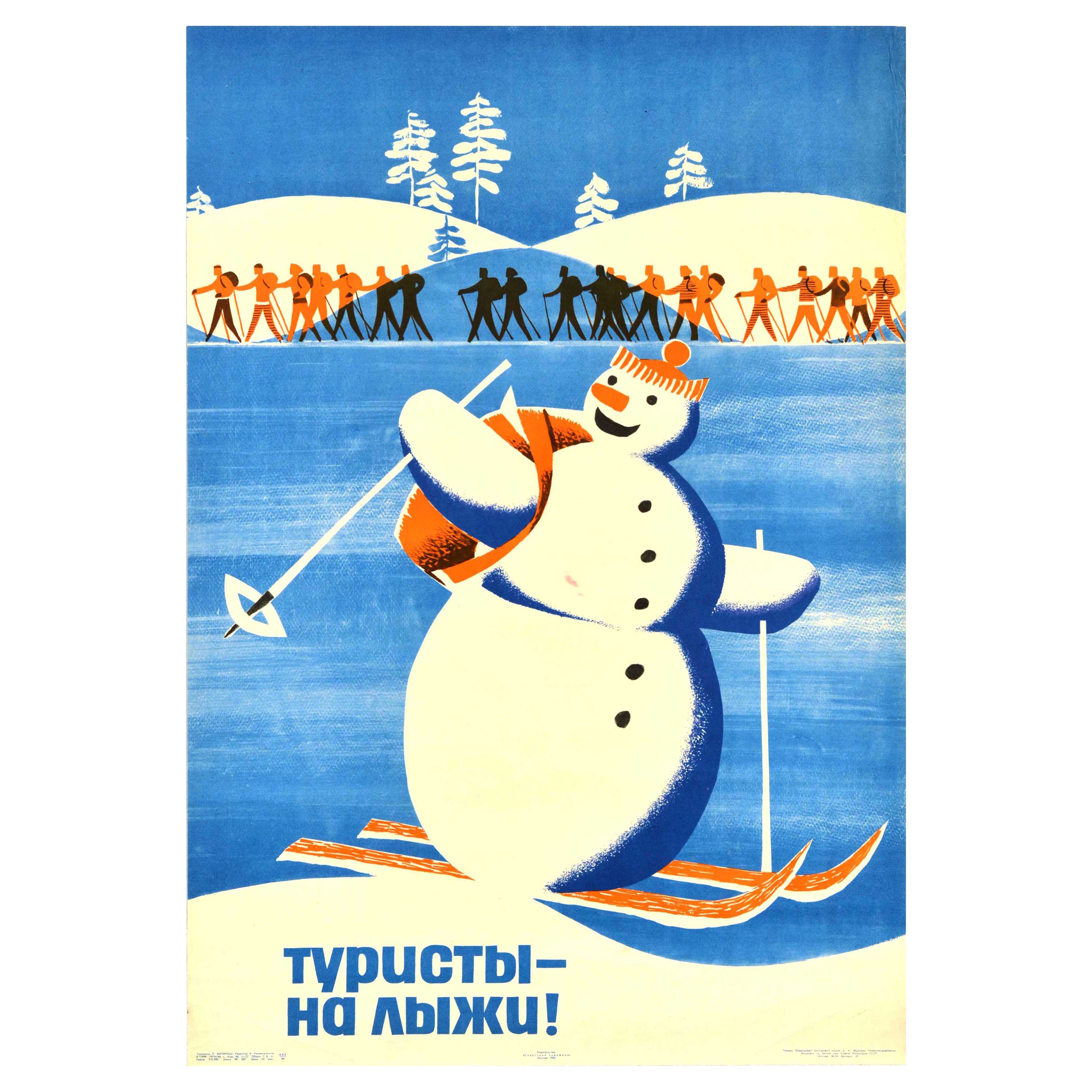 Poster originale d'epoca sugli sport invernali Turisti dello sci Pupazzo di neve Sciatori di fondo