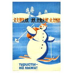 Original Vintage Winter Sport Poster Ski Tourists Snowman Cross-Country Skiers