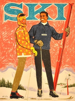 Póster original vintage de deportes de invierno Esquí Estado de Washington Willi Allen Mediados de siglo