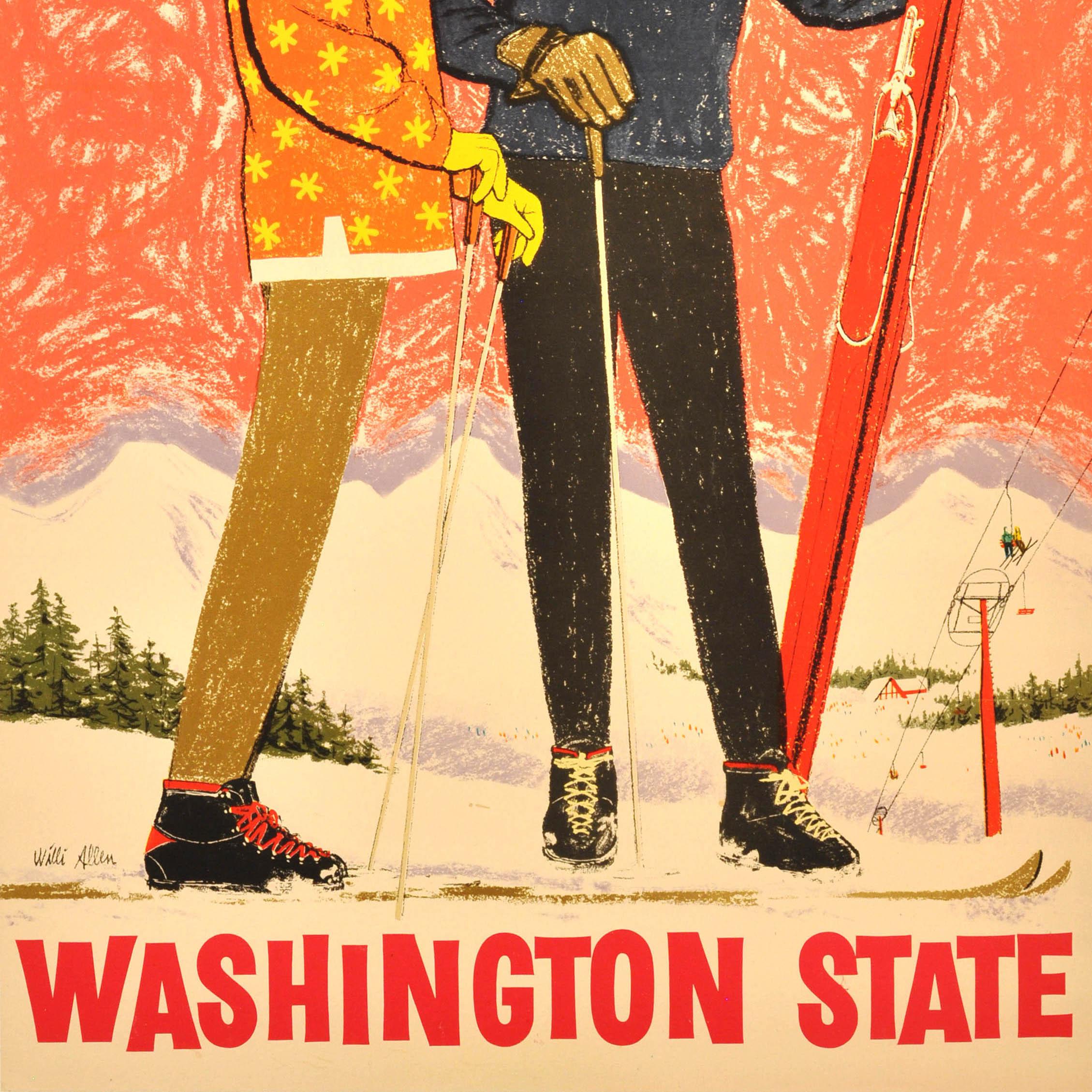 Poster originale d'epoca sugli sport invernali Sci Washington State Willi Allen Midcentury In condizioni buone in vendita a London, GB