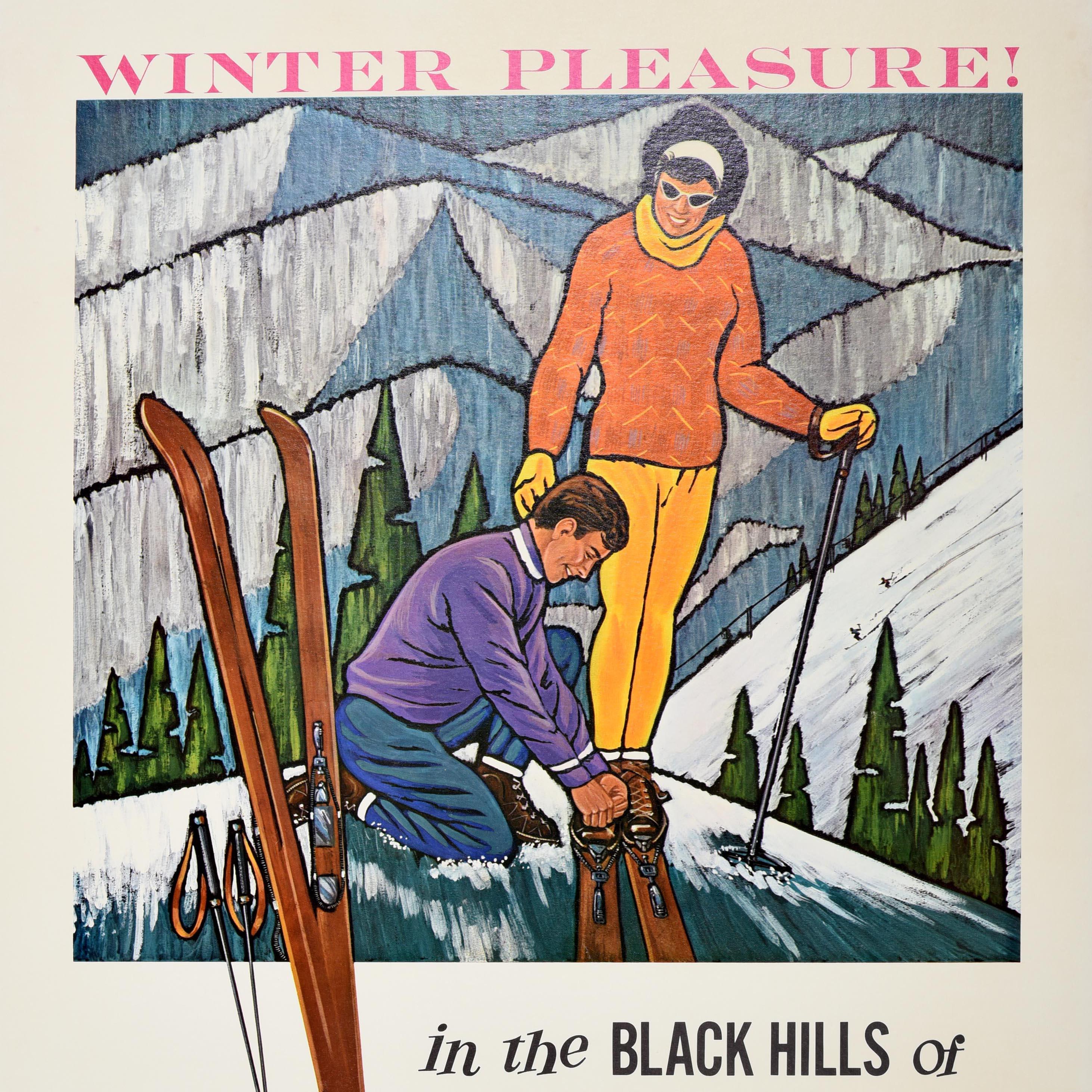 Mid-Century moderno Poster originale d'epoca sugli sport invernali South Dakota Winter Pleasure Black Hills in vendita