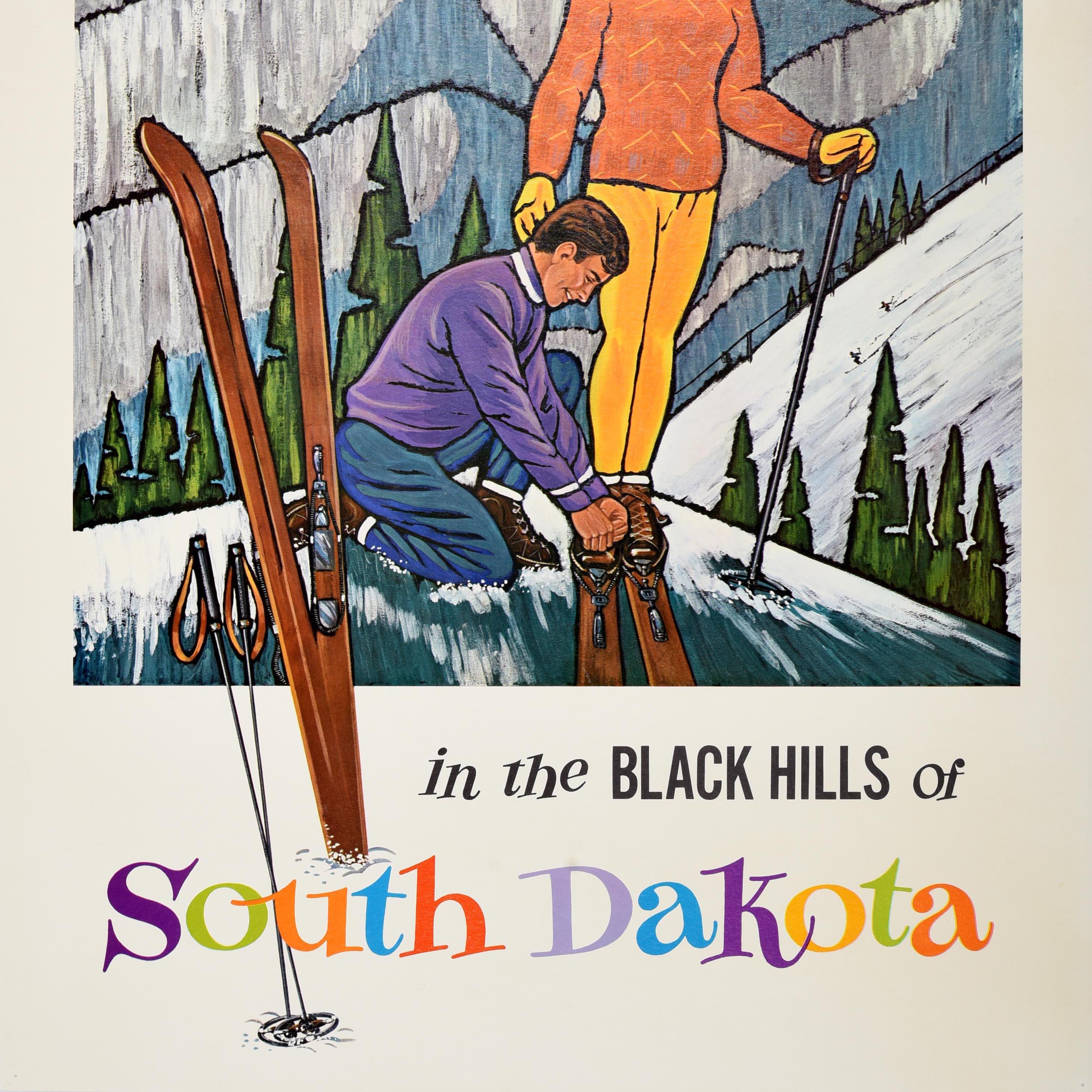 Americano Poster originale d'epoca sugli sport invernali South Dakota Winter Pleasure Black Hills in vendita