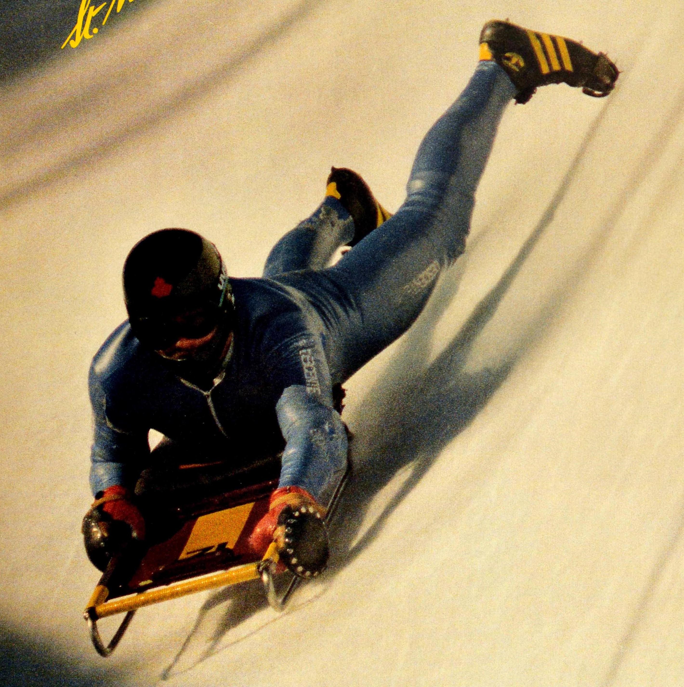 Swiss Original Vintage Winter Sport Poster St Moritz Cresta Run Skeleton Bobsleigh