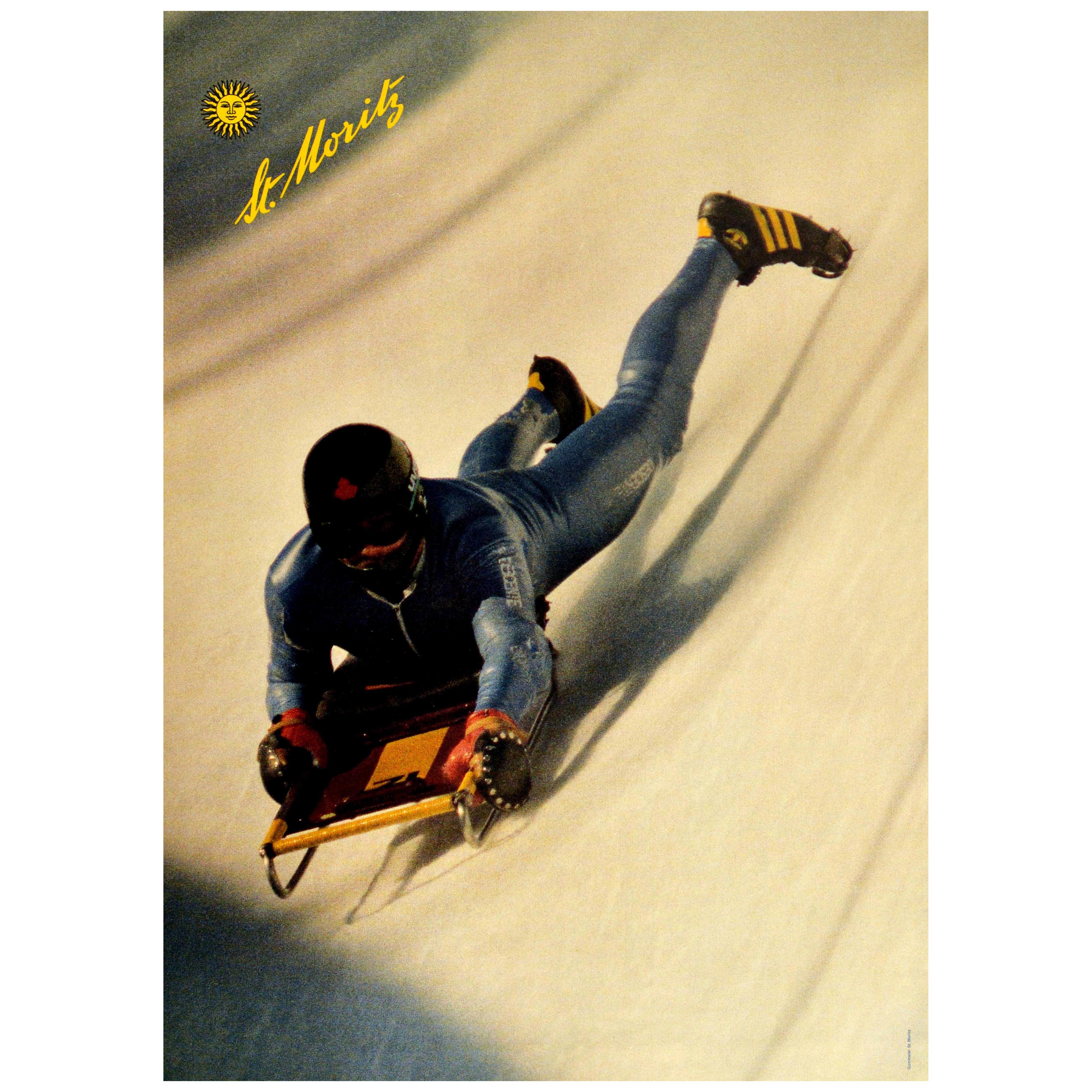 Original Vintage Winter Sport Poster St Moritz Cresta Run Skeleton Bobsleigh