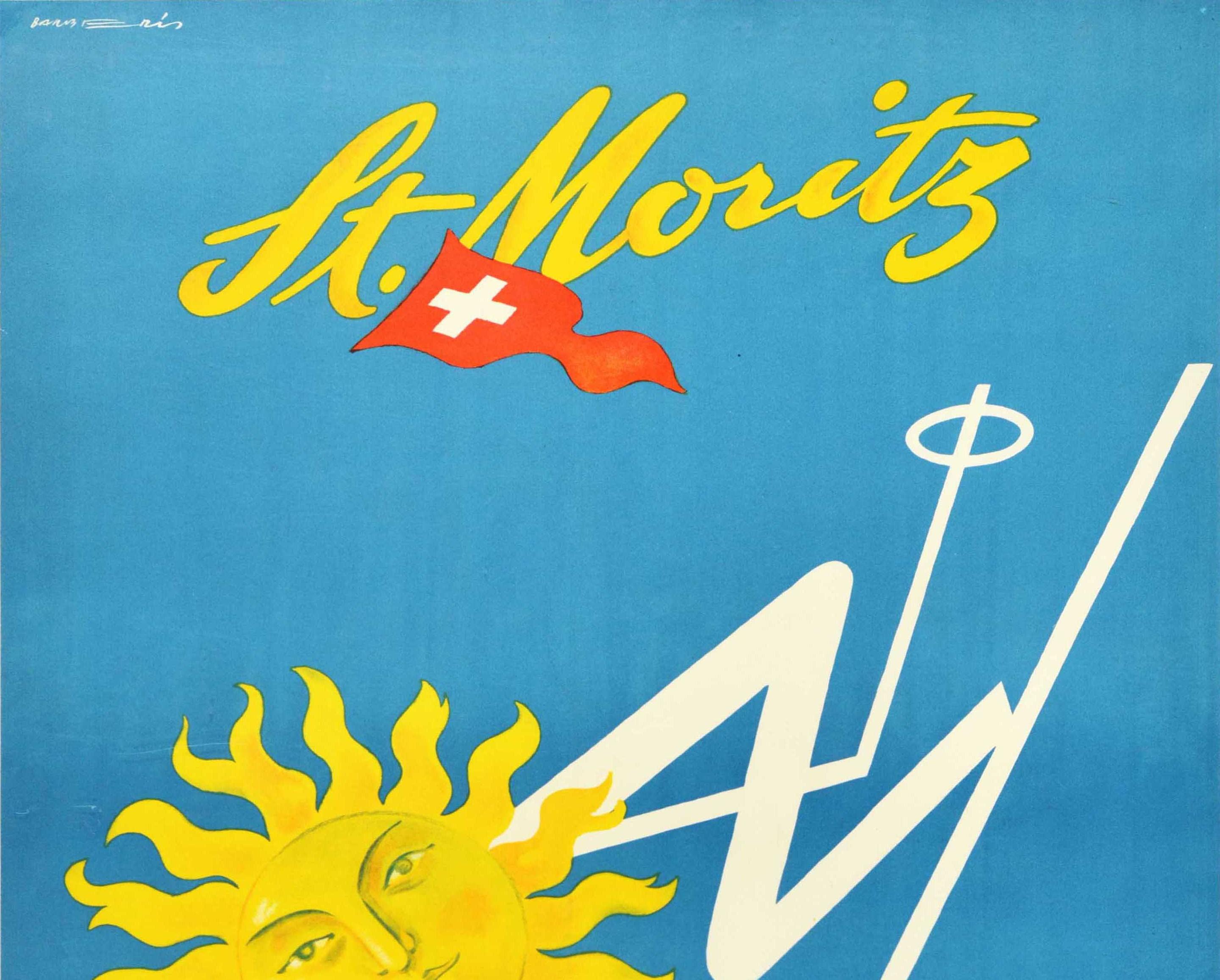 Original vintage winter sport travel poster for the ski resort of St Moritz featuring a great design by the Swiss artist Franco Barberis (1905-1992) depicting the St Moritz smiling sun logo in the shape of a skier on skis, looking at the viewer and